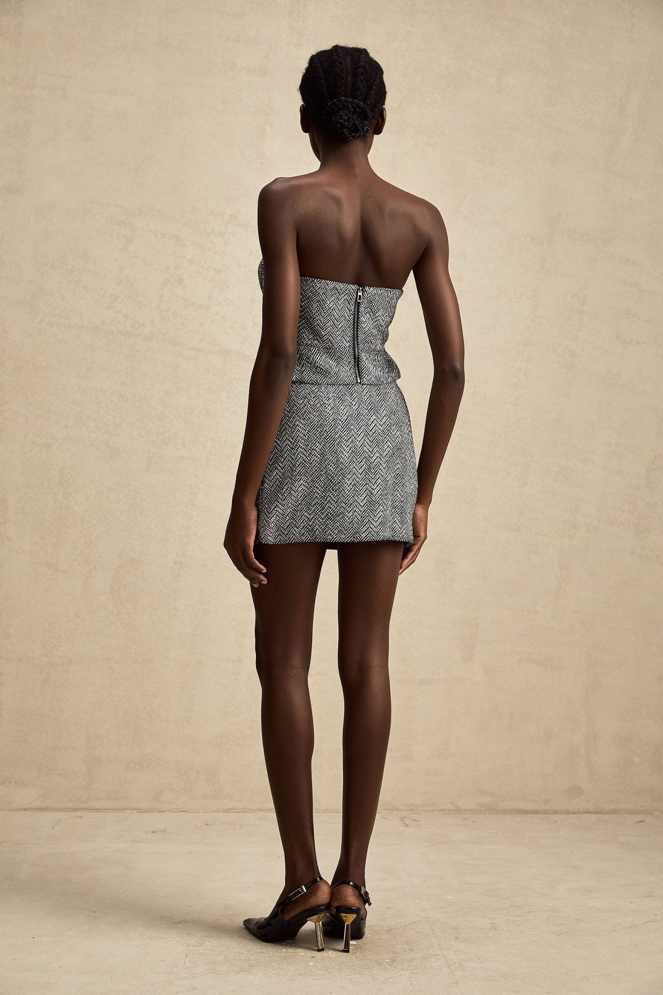 Chantal Skirt - Timeless Herringbone Pattern - Mini Length - Stud Accents - Side Zip Closure - Comfortable Fabric Blend
