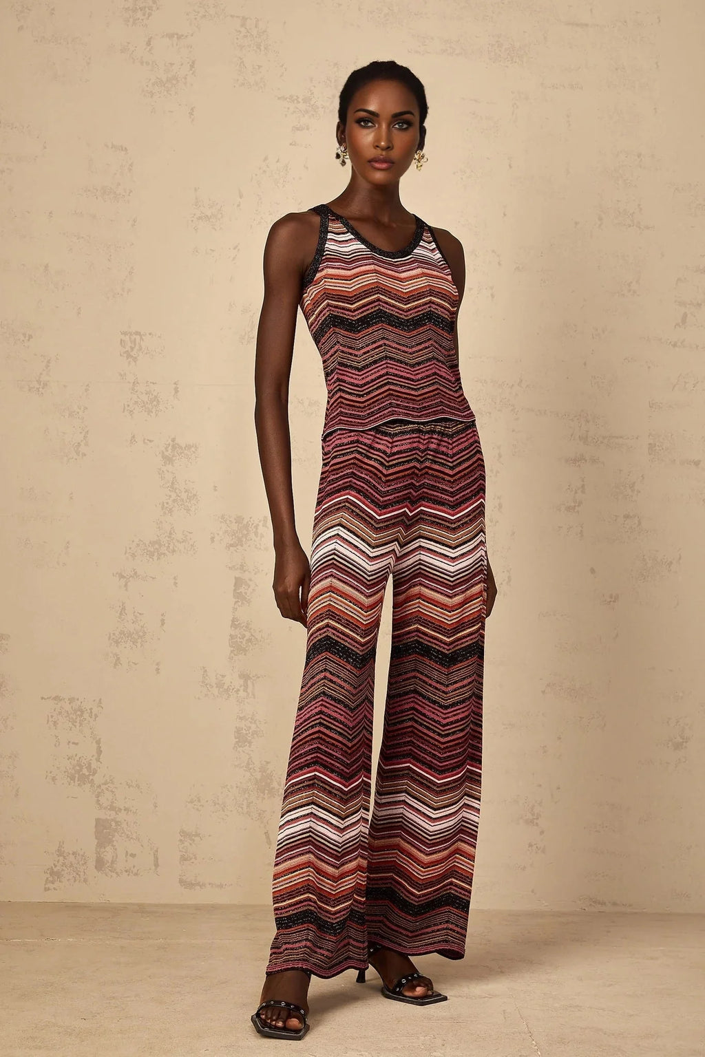 Charlee Top & Trousers Set with Chevron Pattern in Red