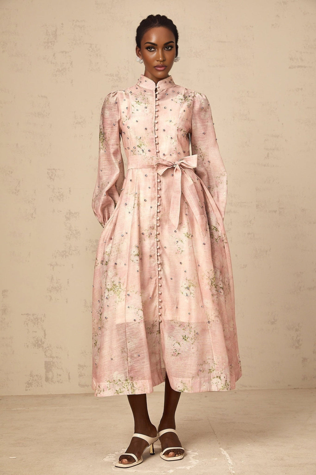 Charleigh Floral Midi Dress - Puff Sleeves - Crystal Embellishments - Mock Neck - Tied Waist