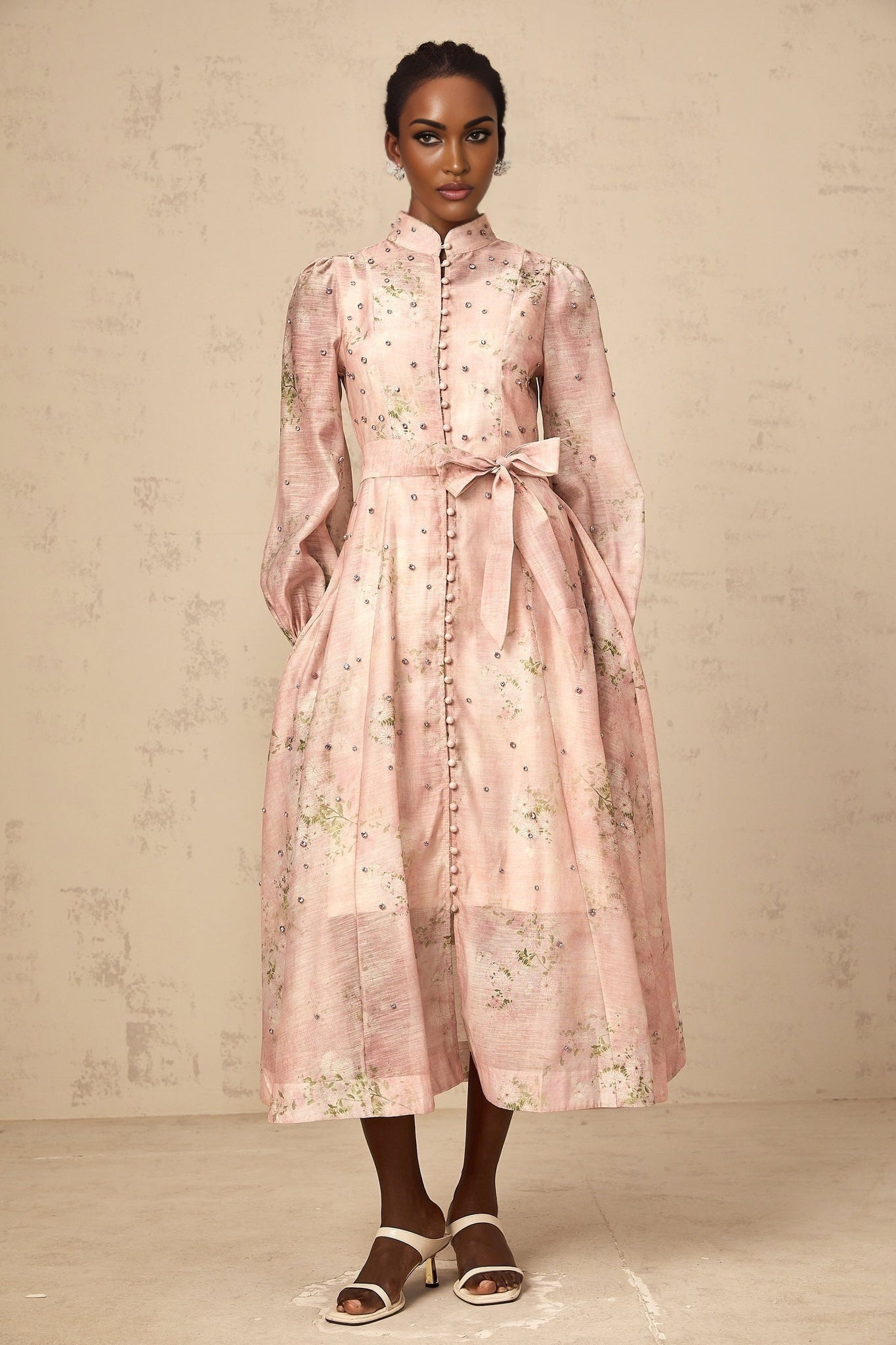 Charleigh Floral Midi Dress - Puff Sleeves - Crystal Embellishments - Mock Neck - Tied Waist