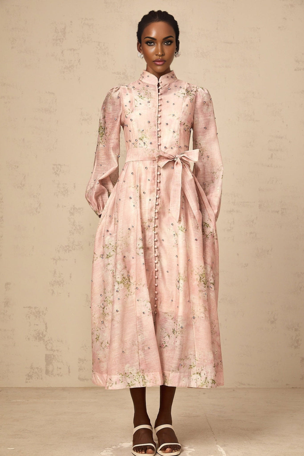 Charleigh Floral Midi Dress - Puff Sleeves - Crystal Embellishments - Mock Neck - Tied Waist
