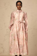 Charleigh Floral Midi Dress - Puff Sleeves - Crystal Embellishments - Mock Neck - Tied Waist