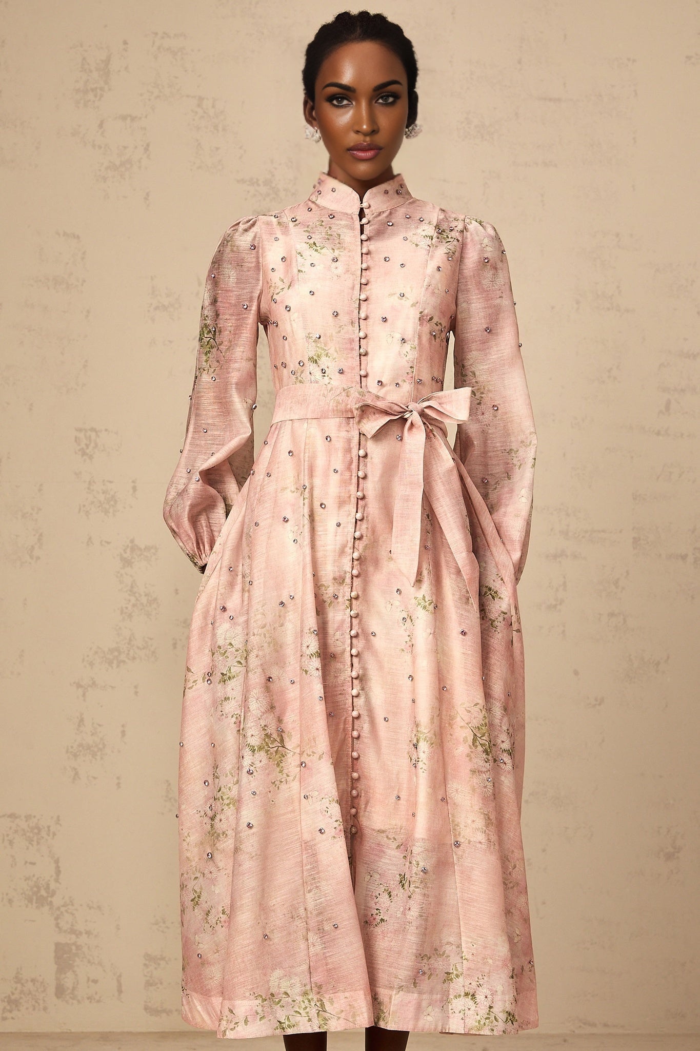Charleigh Floral Midi Dress - Puff Sleeves - Crystal Embellishments - Mock Neck - Tied Waist
