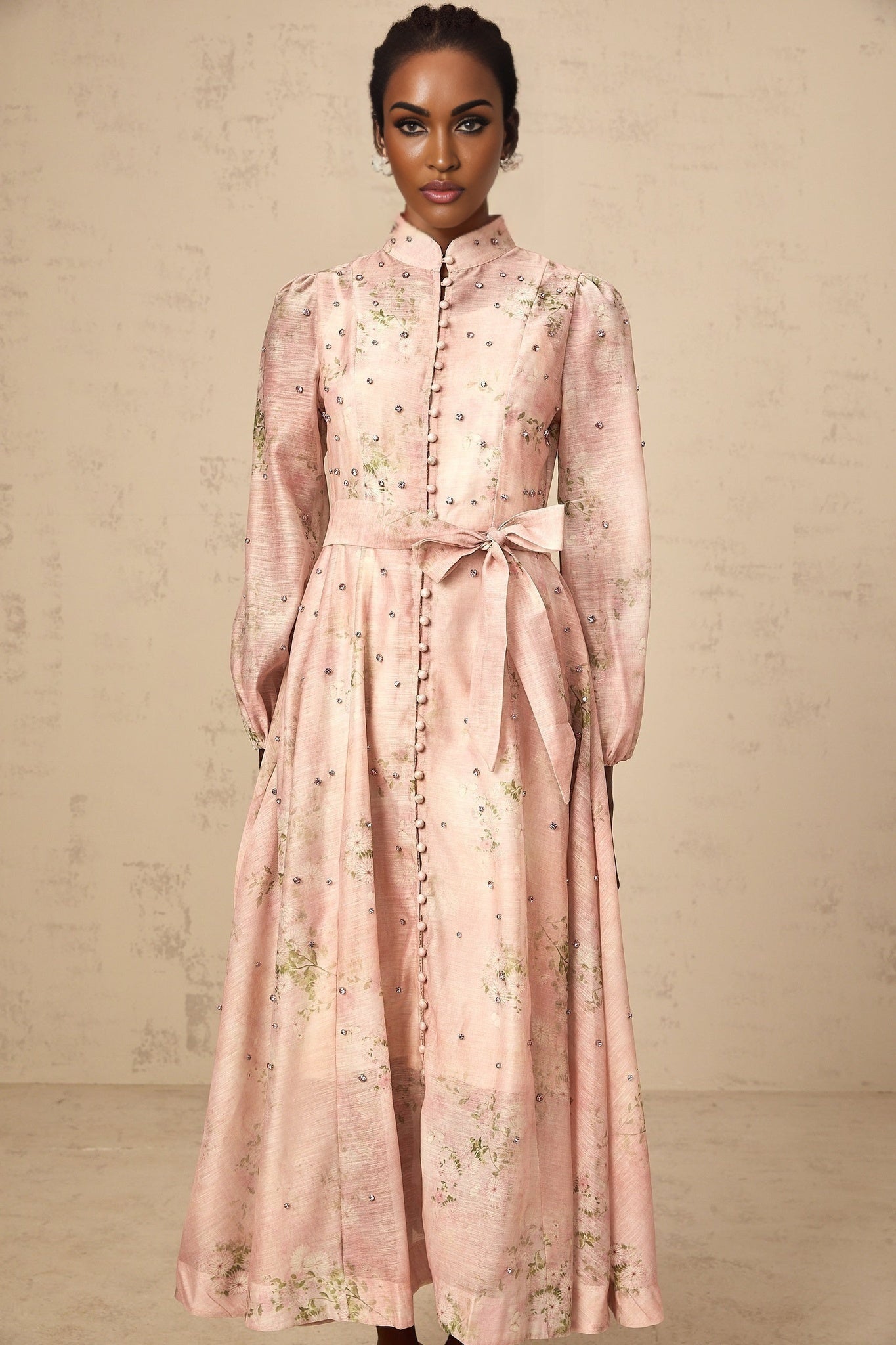 Charleigh Floral Midi Dress - Puff Sleeves - Crystal Embellishments - Mock Neck - Tied Waist