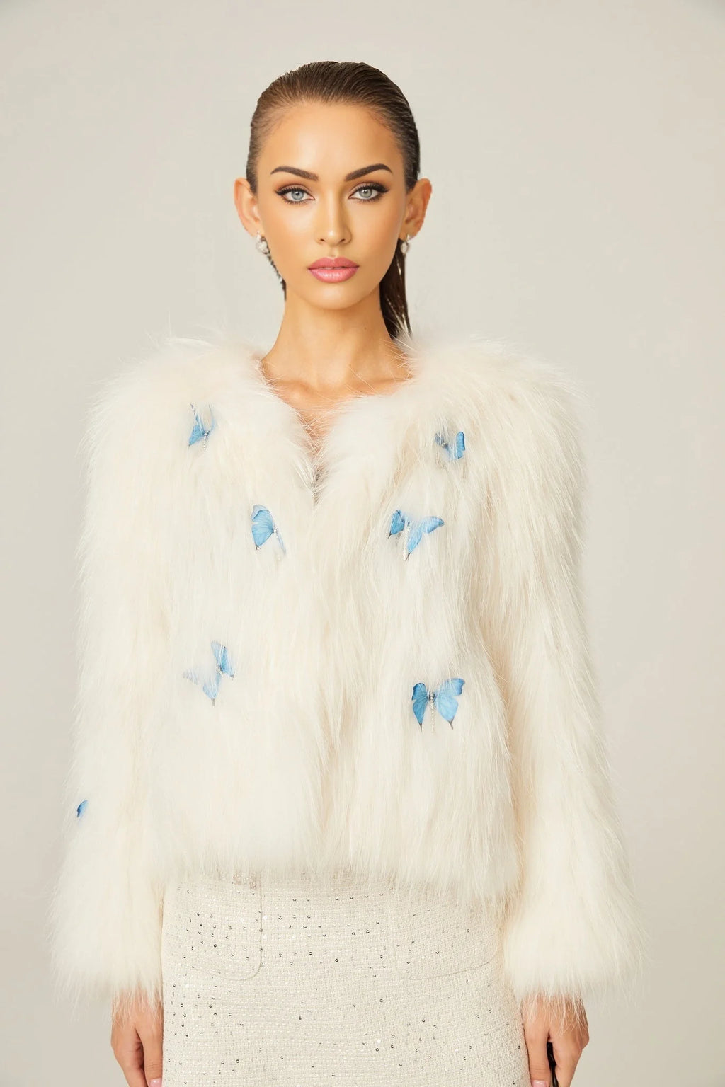 Charleigh Jacket - Long Sleeve - Faux - Fur Detailing - 3D Butterfly Decoration - Cropped Style