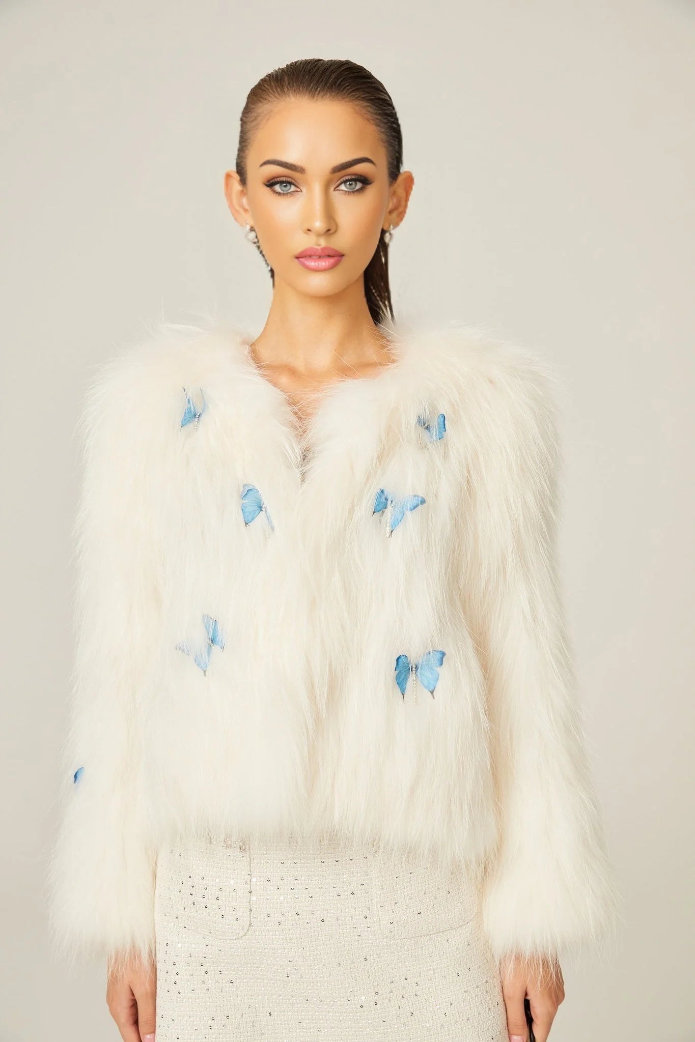 Charleigh Jacket - Long Sleeve - Faux - Fur Detailing - 3D Butterfly Decoration - Cropped Style