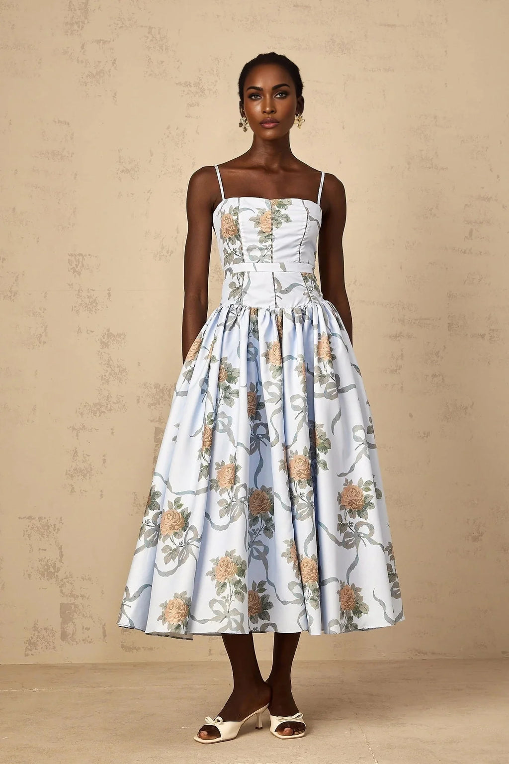 Charleigh Midi Dress Blue Floral Print Square Neck Sleeveless Slit