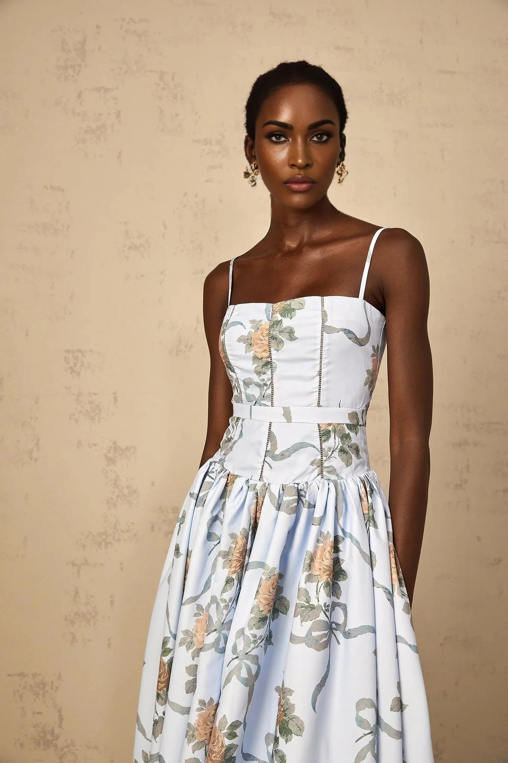 Charleigh Midi Dress Blue Floral Print Square Neck Sleeveless Slit