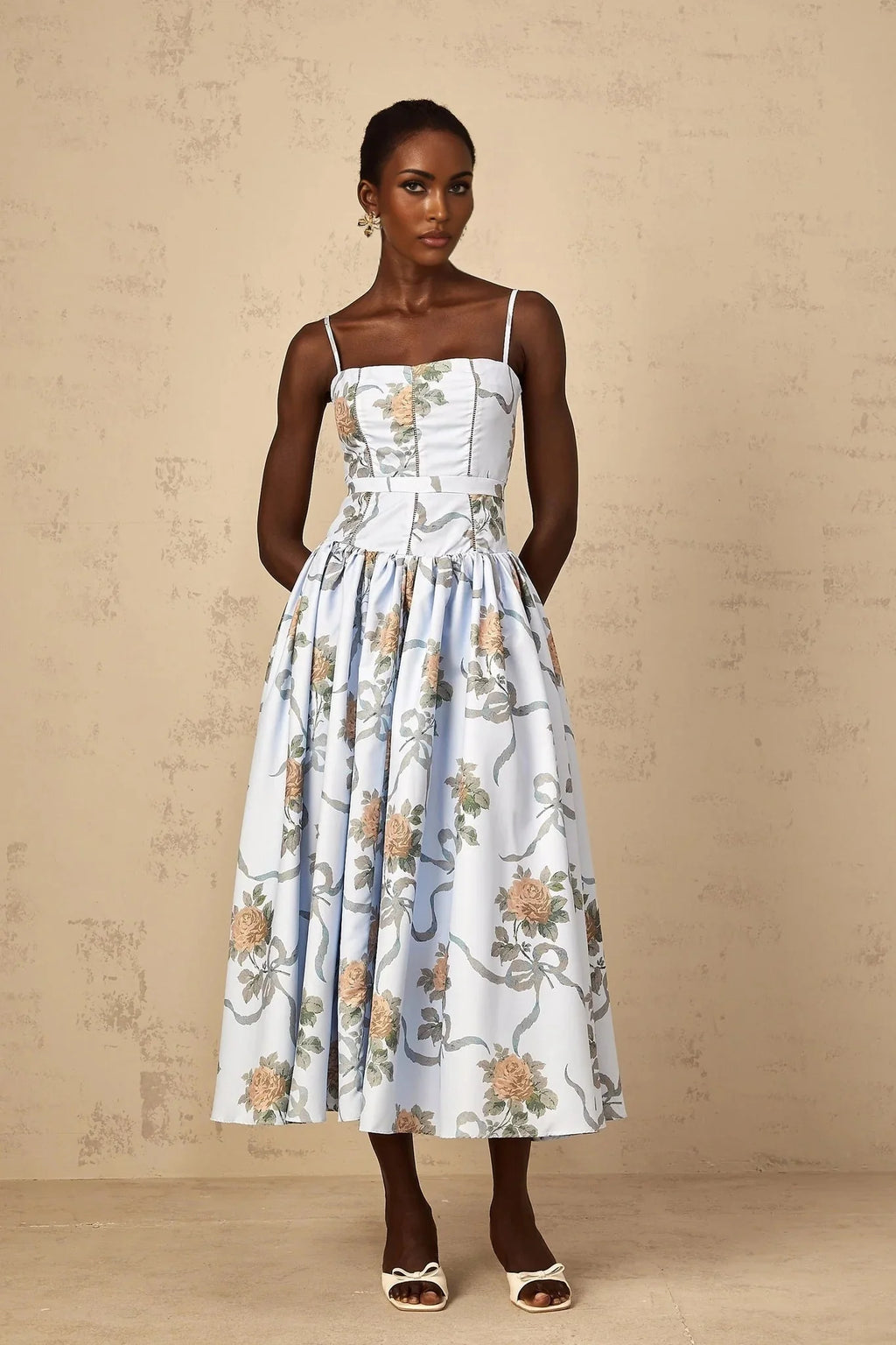 Charleigh Midi Dress Blue Floral Print Square Neck Sleeveless Slit