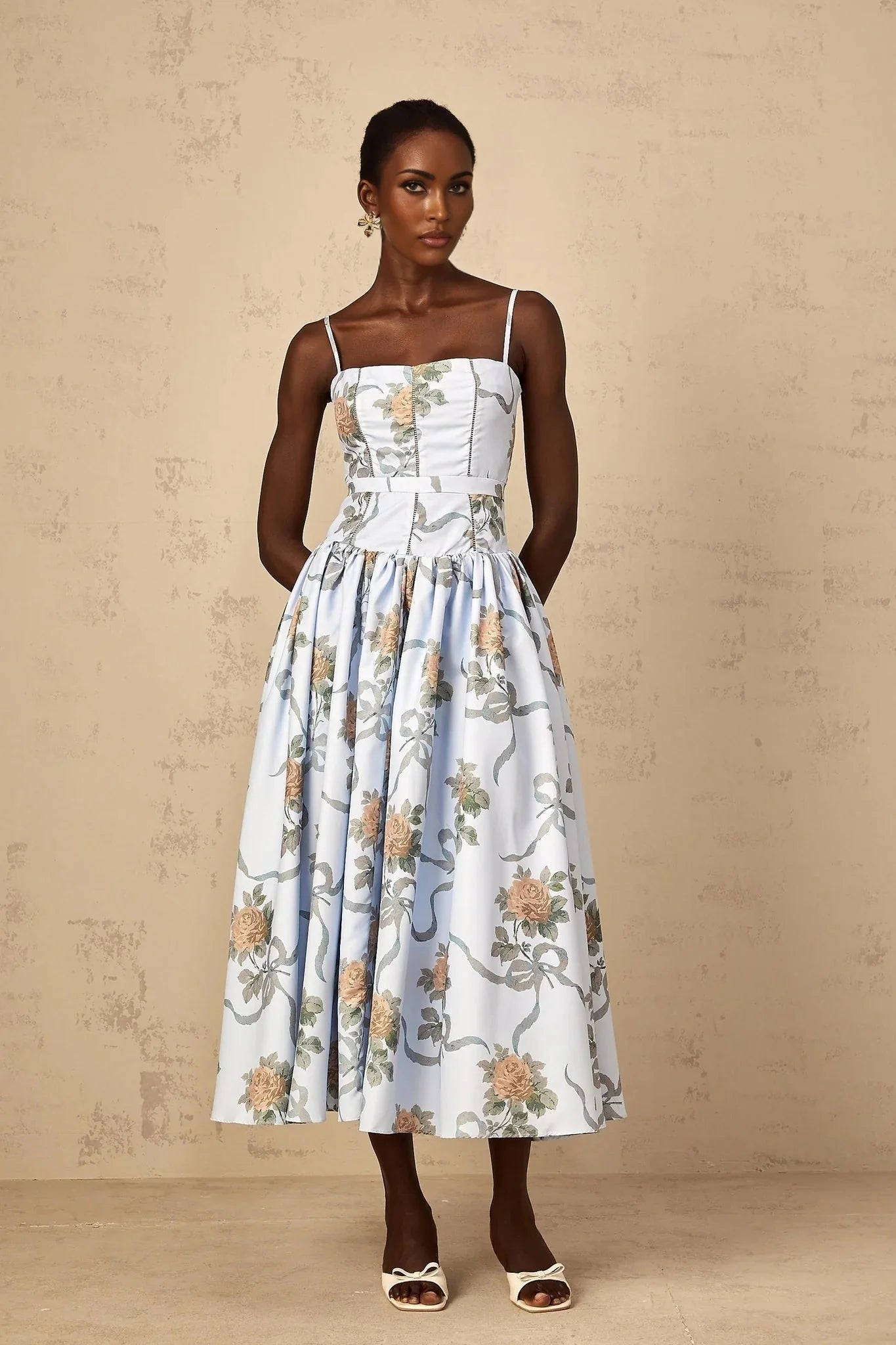 Charleigh Midi Dress Blue Floral Print Square Neck Sleeveless Slit