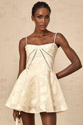 Charleigh Mini Dress - Patterned Jacquard - Sleeveless - Adjustable Spaghetti Straps - Puff Skirt