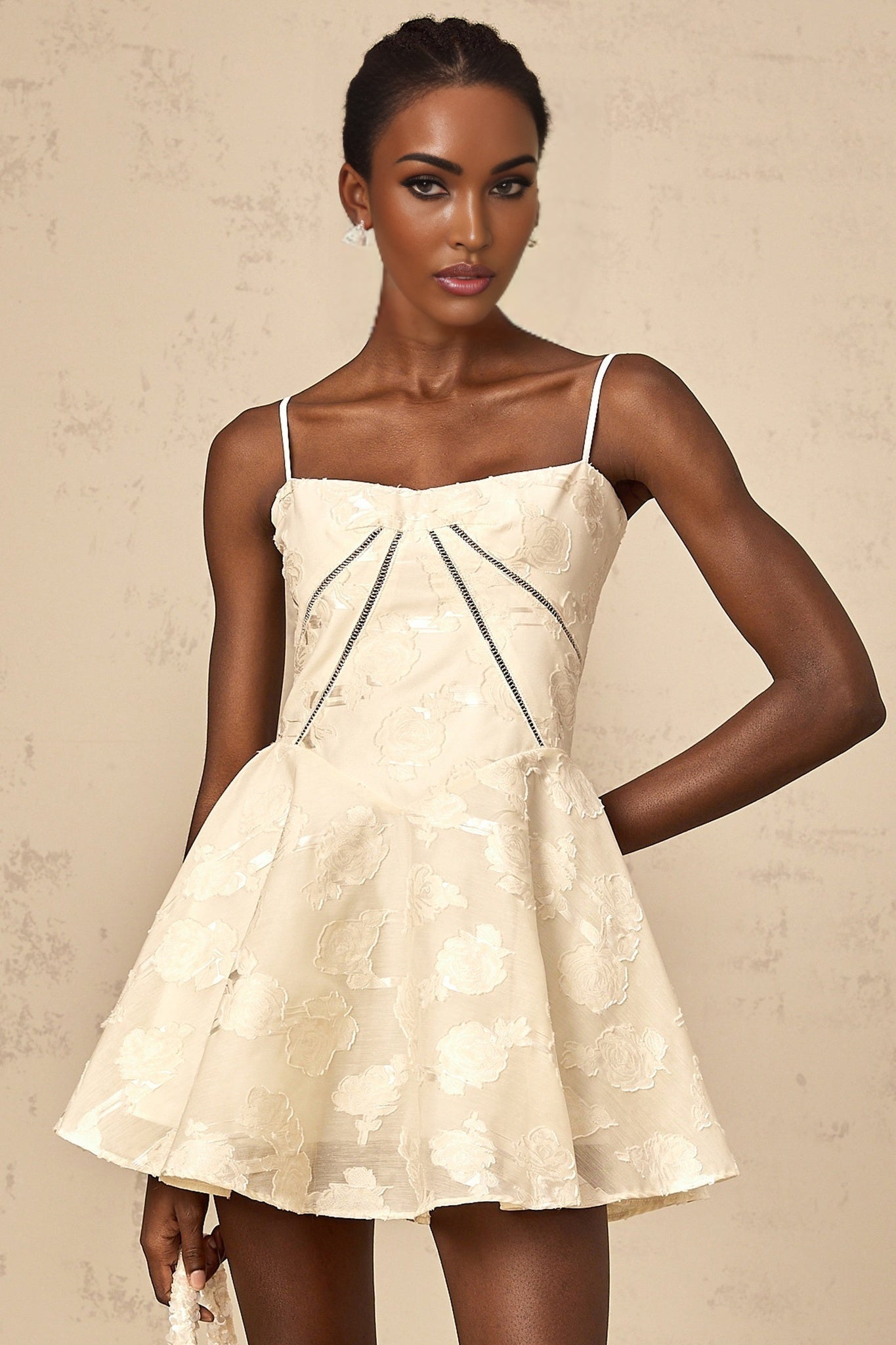 Charleigh Mini Dress - Patterned Jacquard - Sleeveless - Adjustable Spaghetti Straps - Puff Skirt