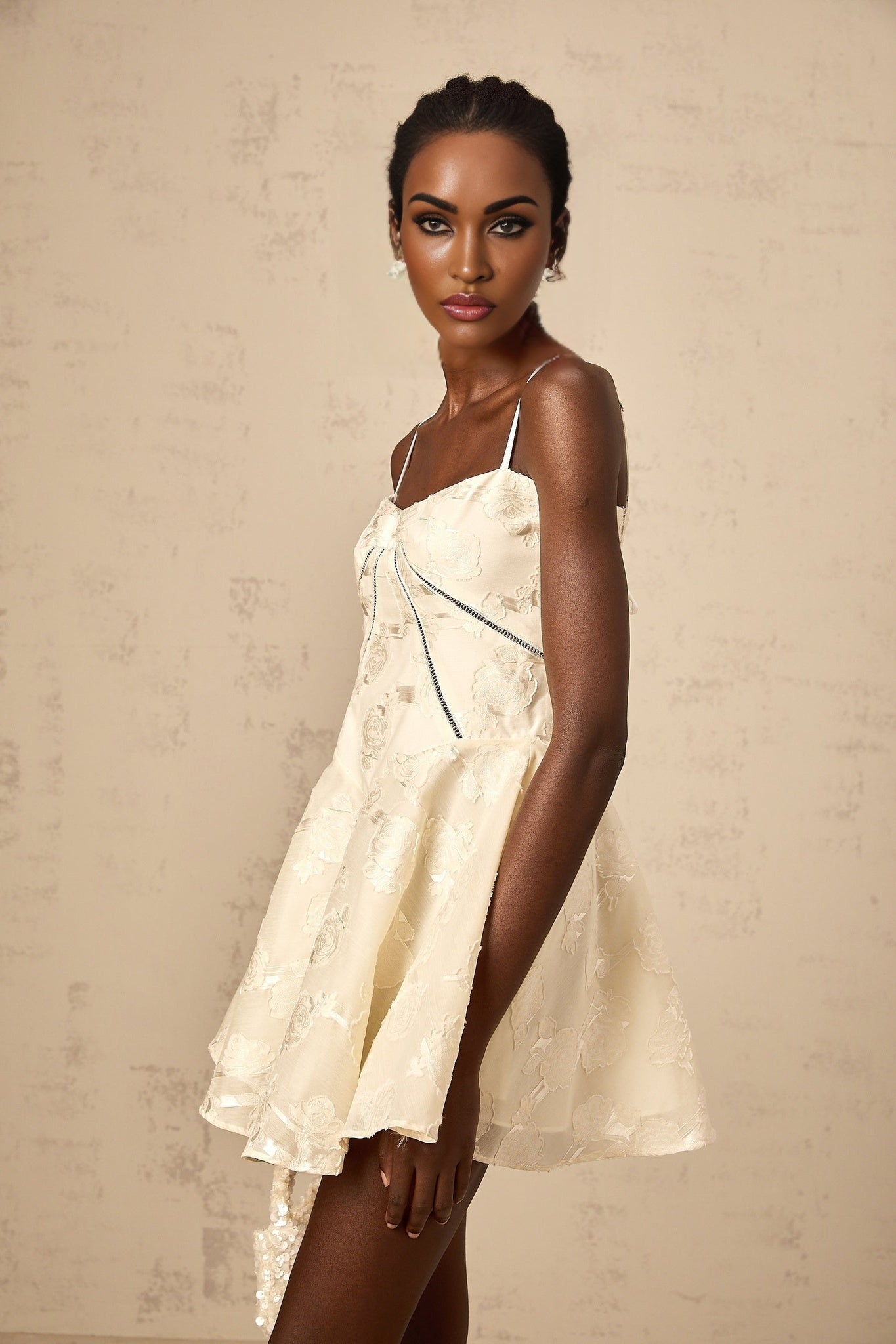 Charleigh Mini Dress - Patterned Jacquard - Sleeveless - Adjustable Spaghetti Straps - Puff Skirt
