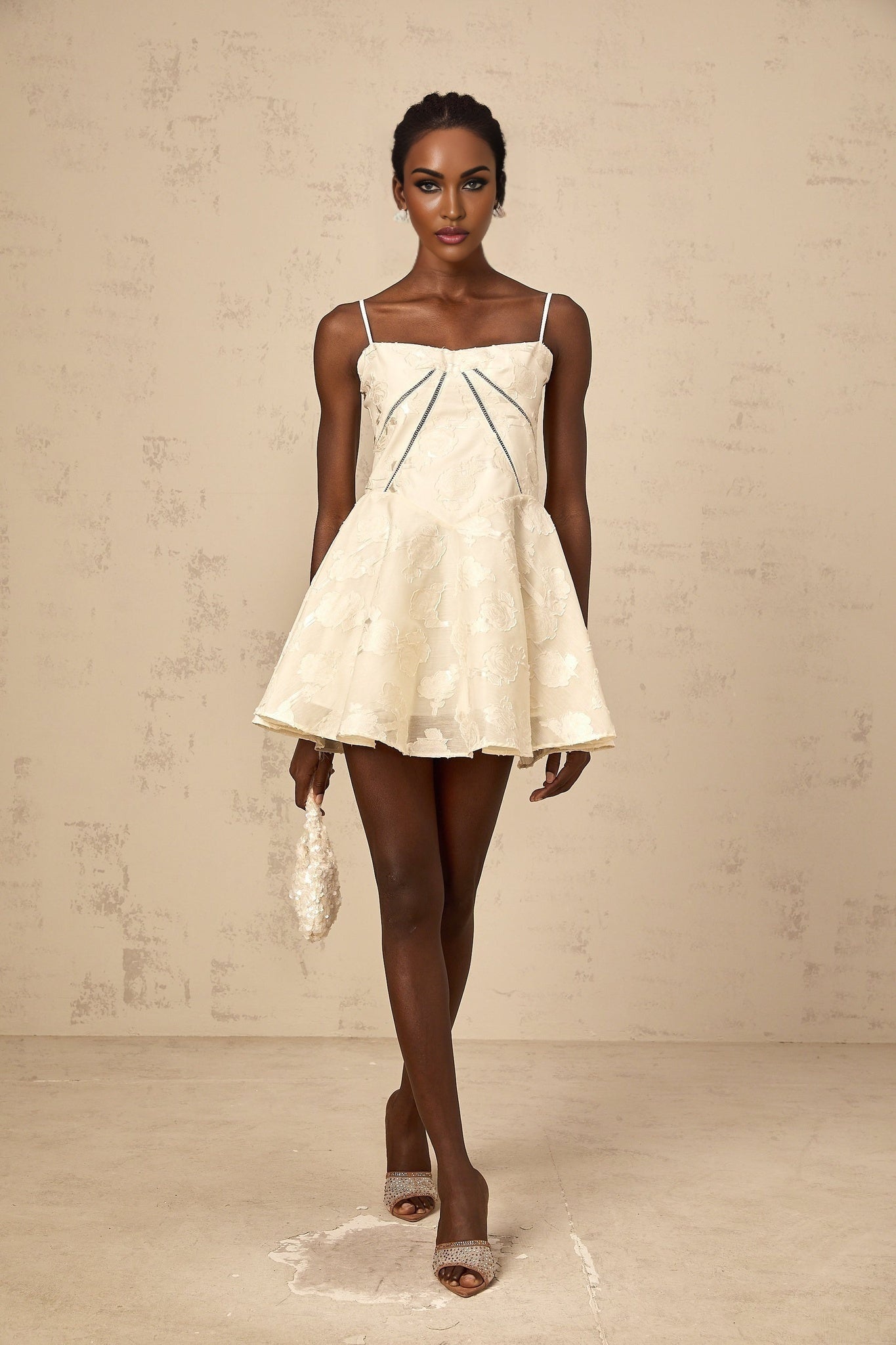 Charleigh Mini Dress - Patterned Jacquard - Sleeveless - Adjustable Spaghetti Straps - Puff Skirt
