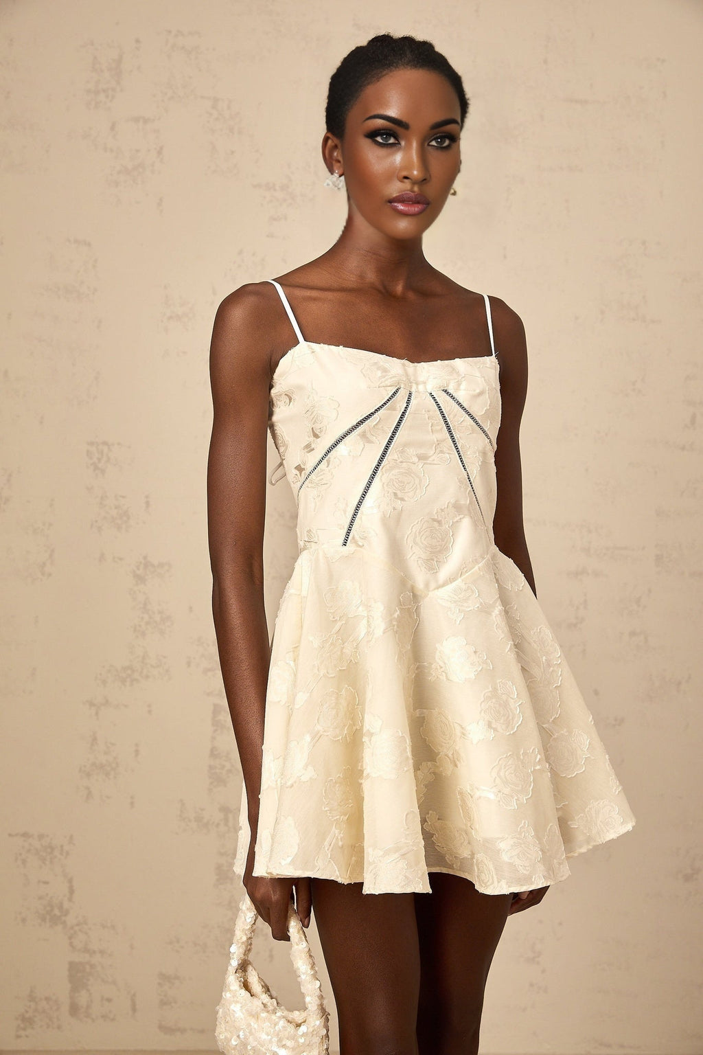 Charleigh Mini Dress - Patterned Jacquard - Sleeveless - Adjustable Spaghetti Straps - Puff Skirt