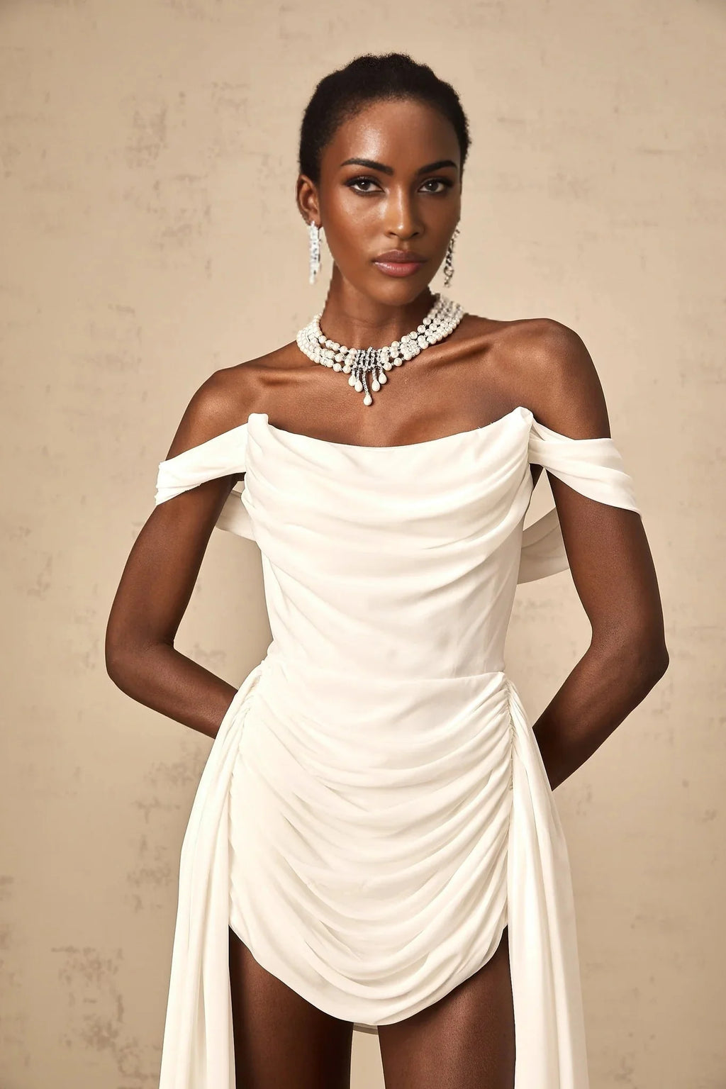 Charleigh Mini Dress White Ribbon Ruched Layered