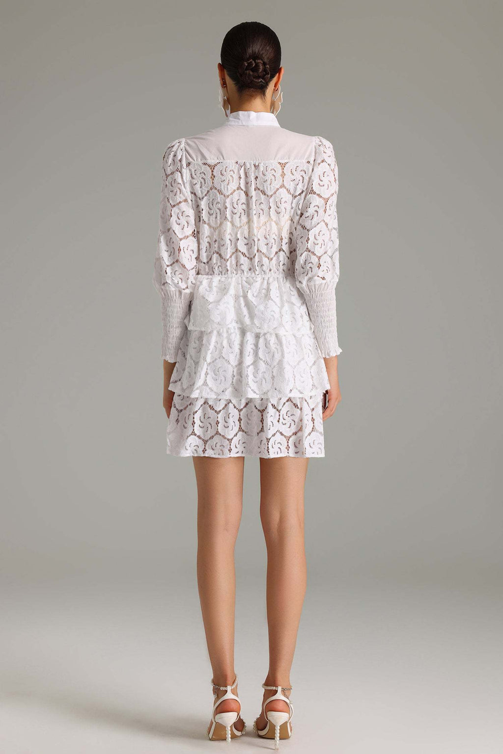 Charleigh White Lace Layered Dress with Button-Up Neckline and Ruffled Hem