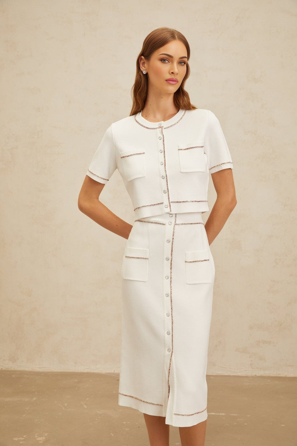 Charlotte Knit Top & Skirt - Crystal Embellishment - Patch Pockets - Ribbed Hem - Press - Stud Fastening