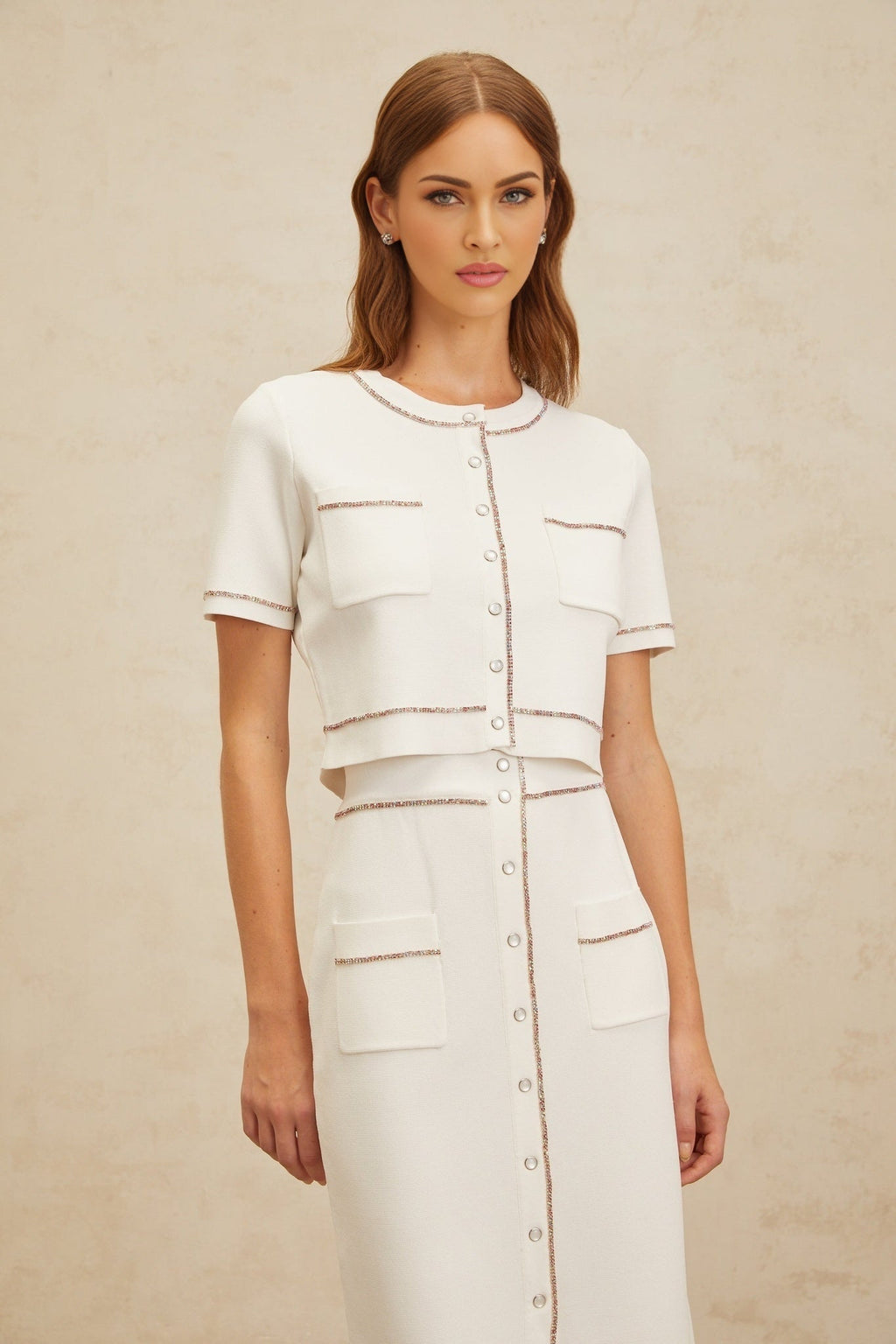 Charlotte Knit Top & Skirt - Crystal Embellishment - Patch Pockets - Ribbed Hem - Press - Stud Fastening