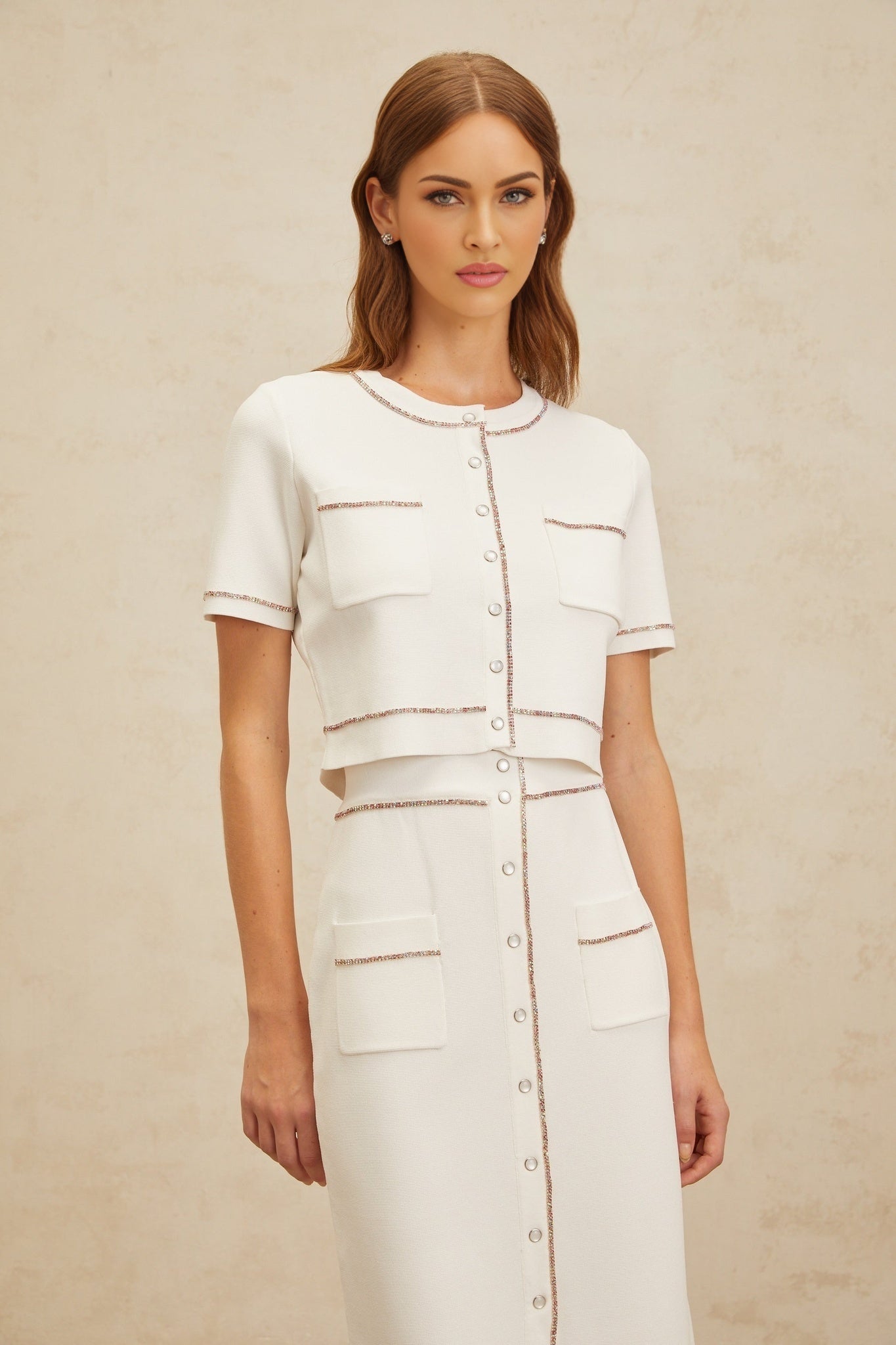 Charlotte Knit Top & Skirt - Crystal Embellishment - Patch Pockets - Ribbed Hem - Press - Stud Fastening