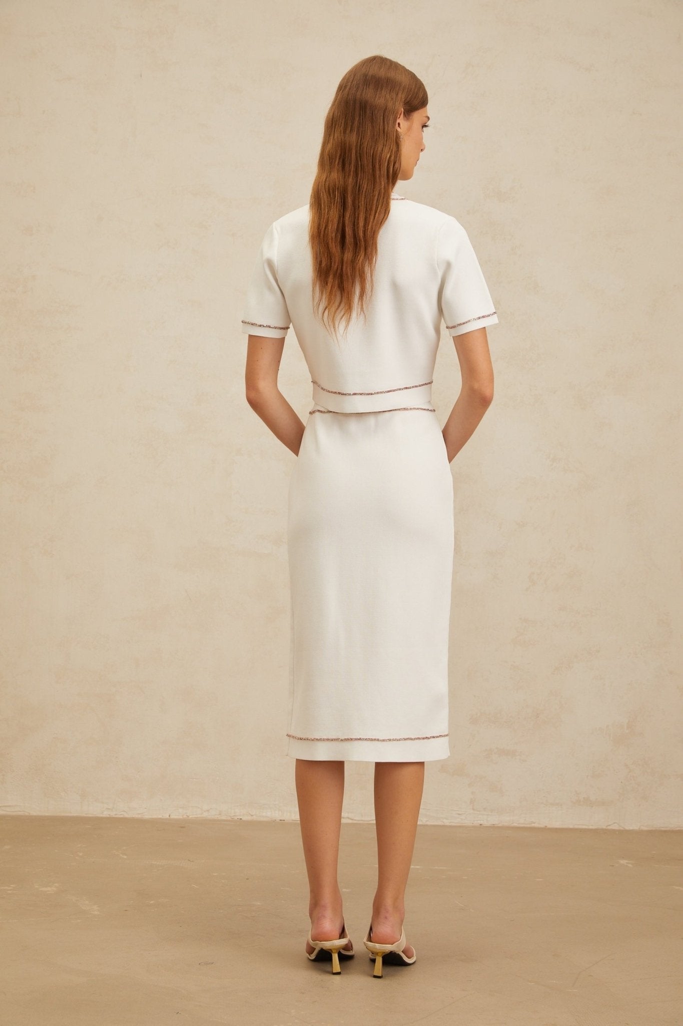 Charlotte Knit Top & Skirt - Crystal Embellishment - Patch Pockets - Ribbed Hem - Press - Stud Fastening