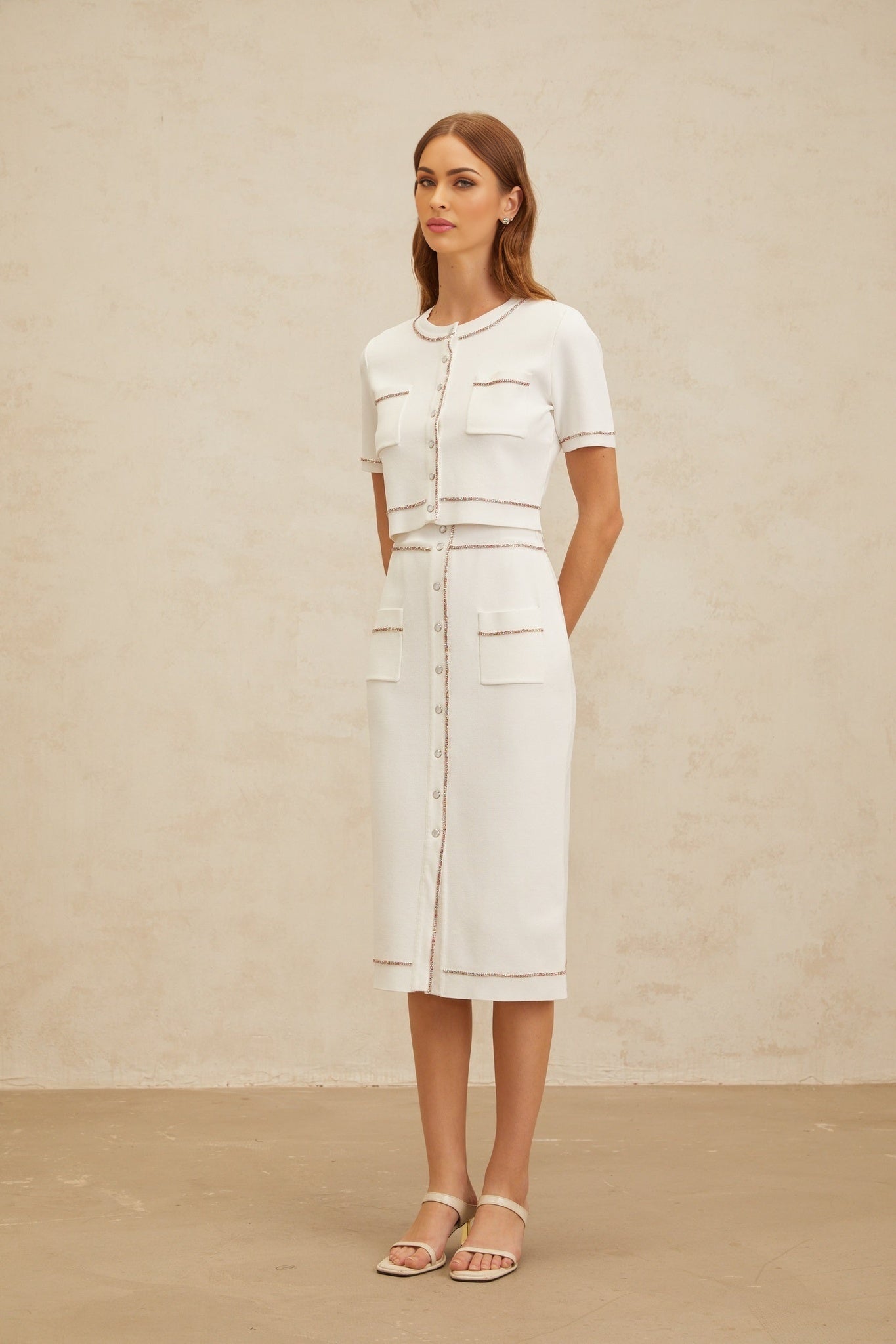Charlotte Knit Top & Skirt - Crystal Embellishment - Patch Pockets - Ribbed Hem - Press - Stud Fastening