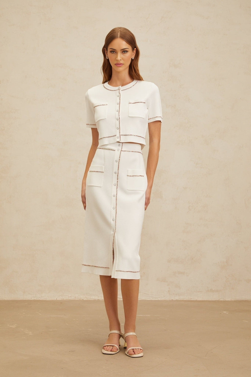 Charlotte Knit Top & Skirt - Crystal Embellishment - Patch Pockets - Ribbed Hem - Press - Stud Fastening