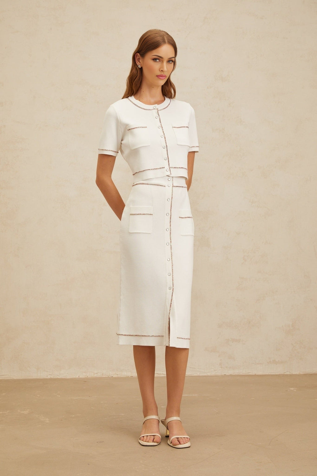 Charlotte Knit Top & Skirt - Crystal Embellishment - Patch Pockets - Ribbed Hem - Press - Stud Fastening