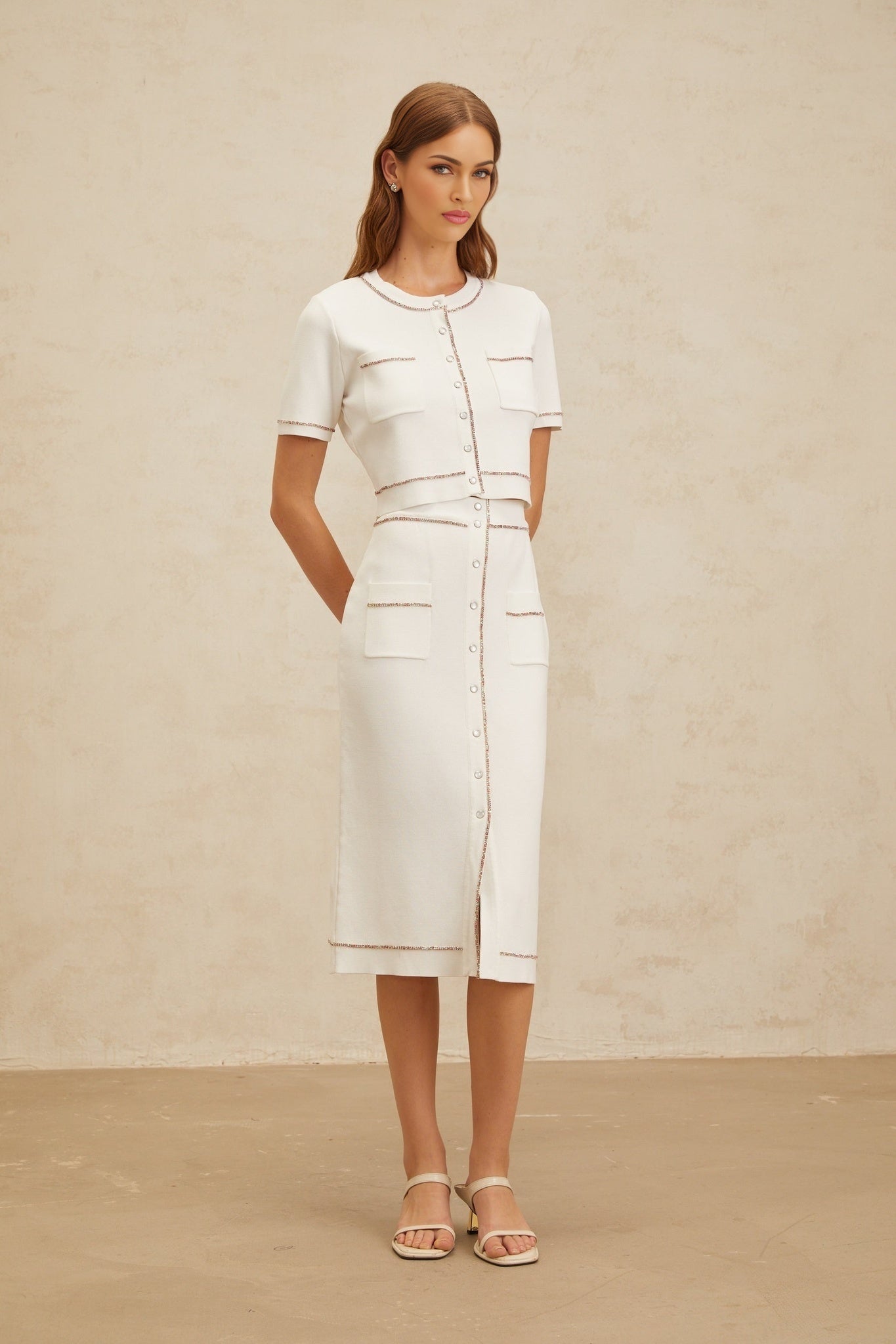 Charlotte Knit Top & Skirt - Crystal Embellishment - Patch Pockets - Ribbed Hem - Press - Stud Fastening