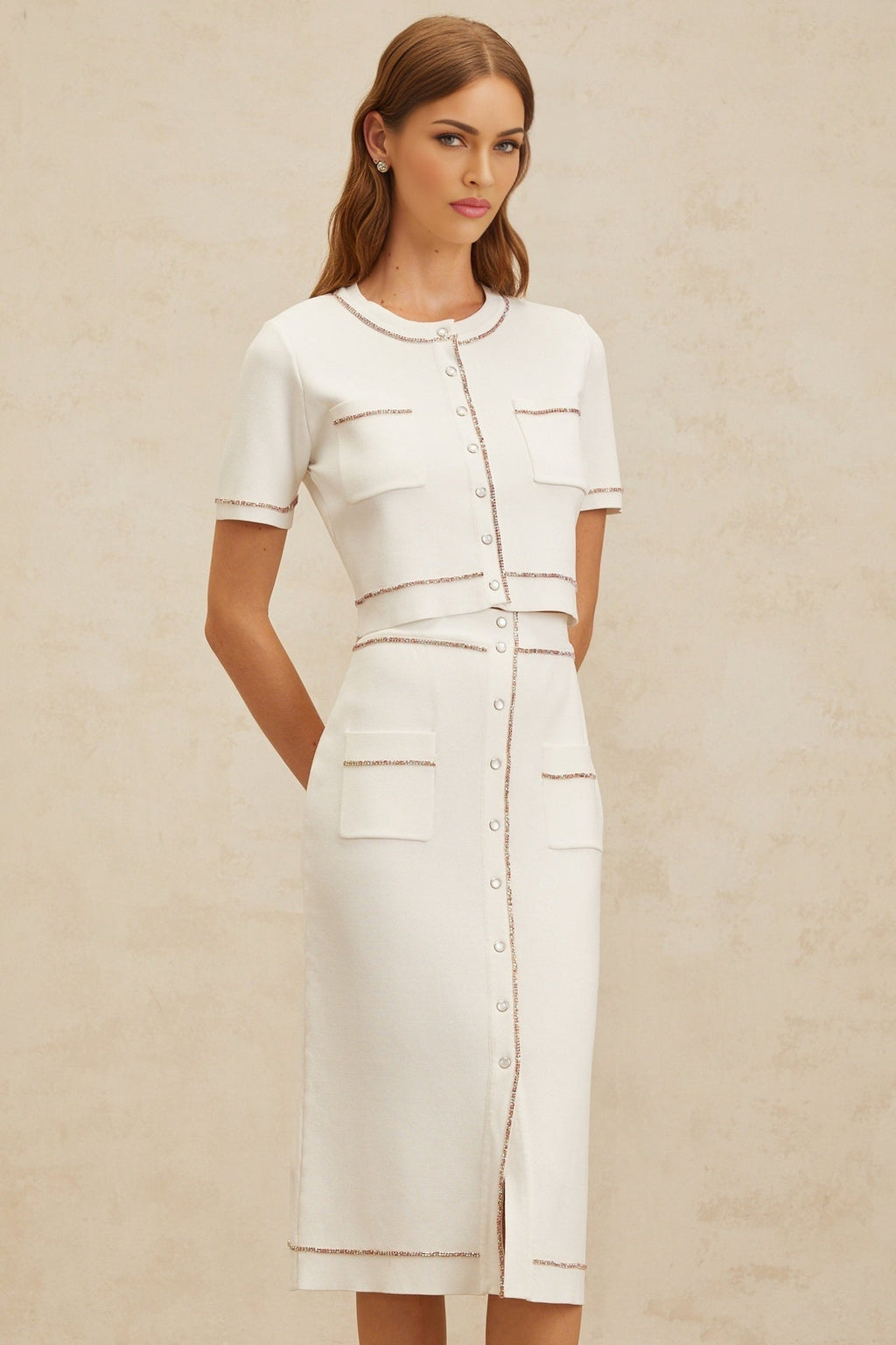 Charlotte Knit Top & Skirt - Crystal Embellishment - Patch Pockets - Ribbed Hem - Press - Stud Fastening