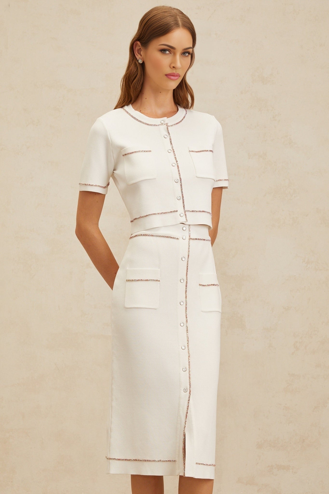 Charlotte Knit Top & Skirt - Crystal Embellishment - Patch Pockets - Ribbed Hem - Press - Stud Fastening