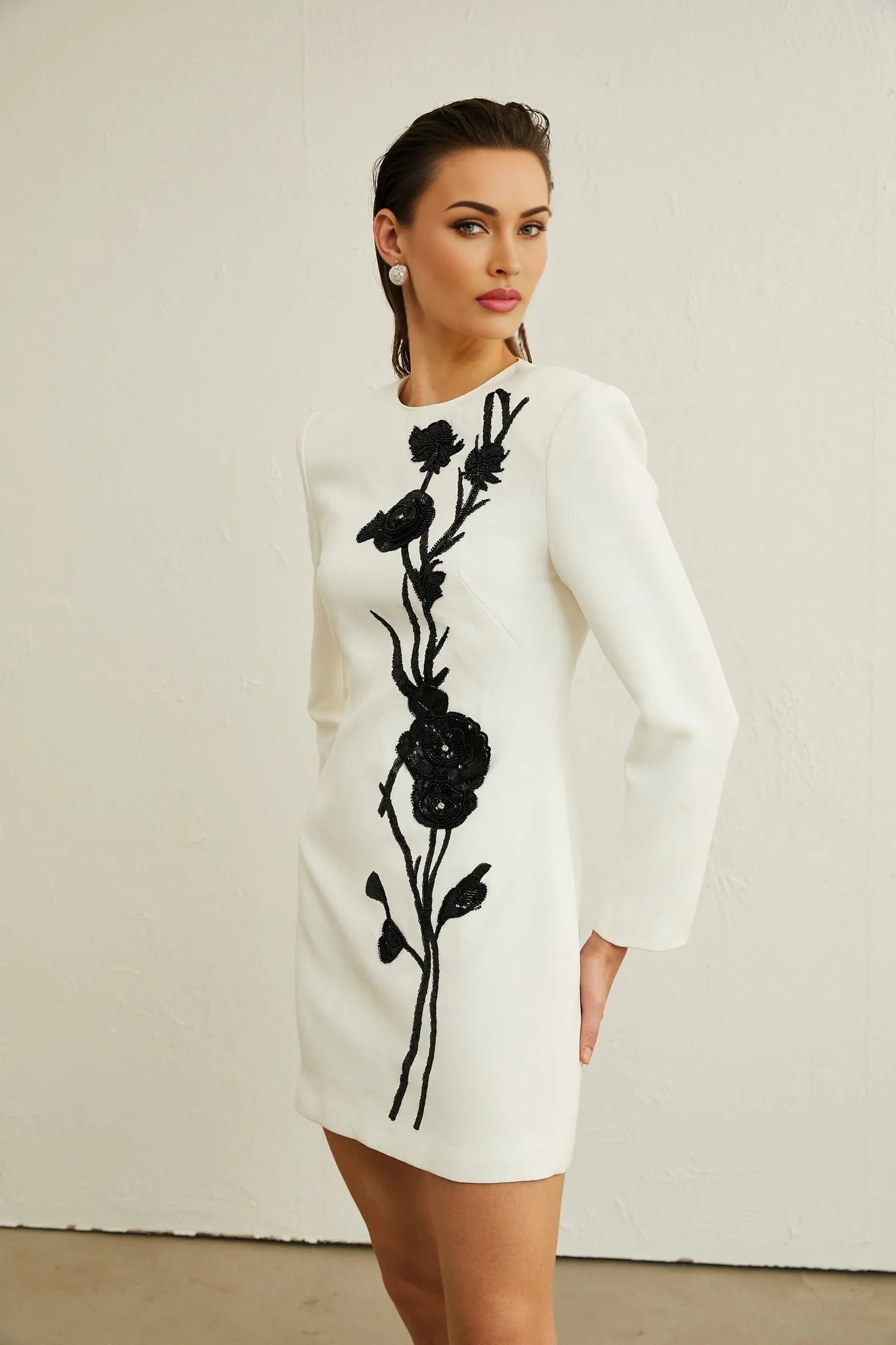 Charlotte Mini Dress - Long Sleeve - Faux - Flower & Sequin Detailing - Crystal Embellishment