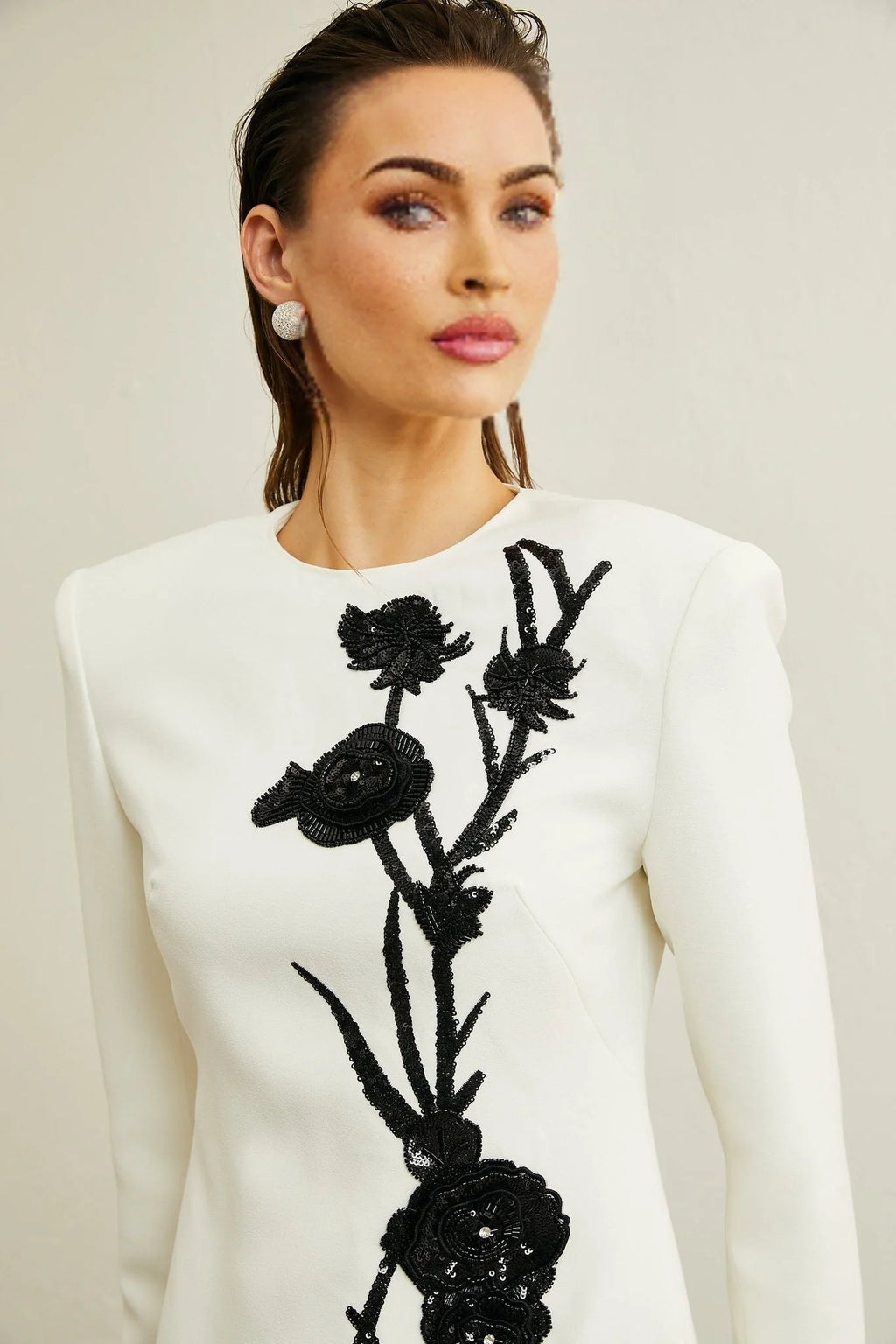 Charlotte Mini Dress - Long Sleeve - Faux - Flower & Sequin Detailing - Crystal Embellishment