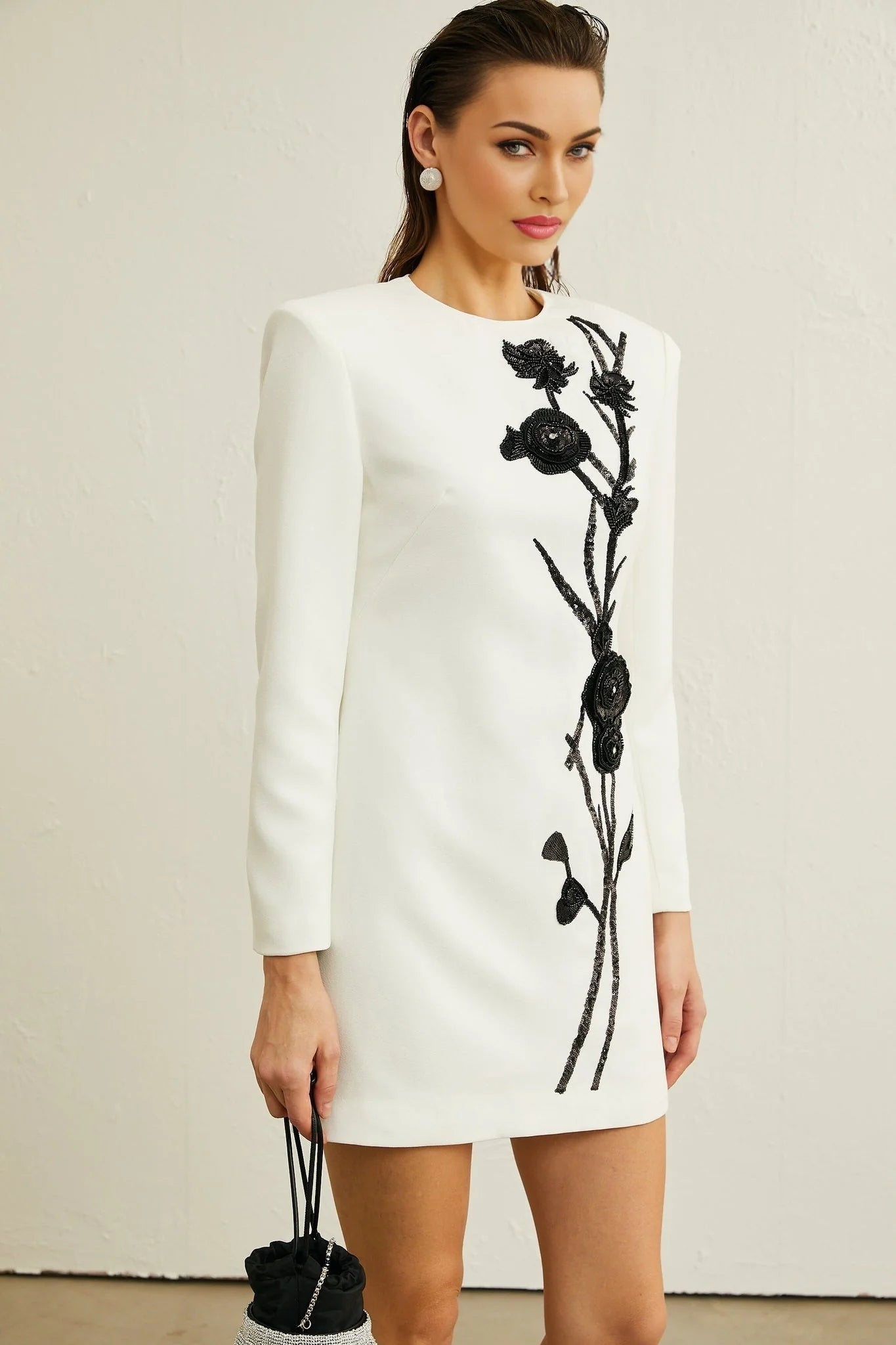 Charlotte Mini Dress - Long Sleeve - Faux - Flower & Sequin Detailing - Crystal Embellishment
