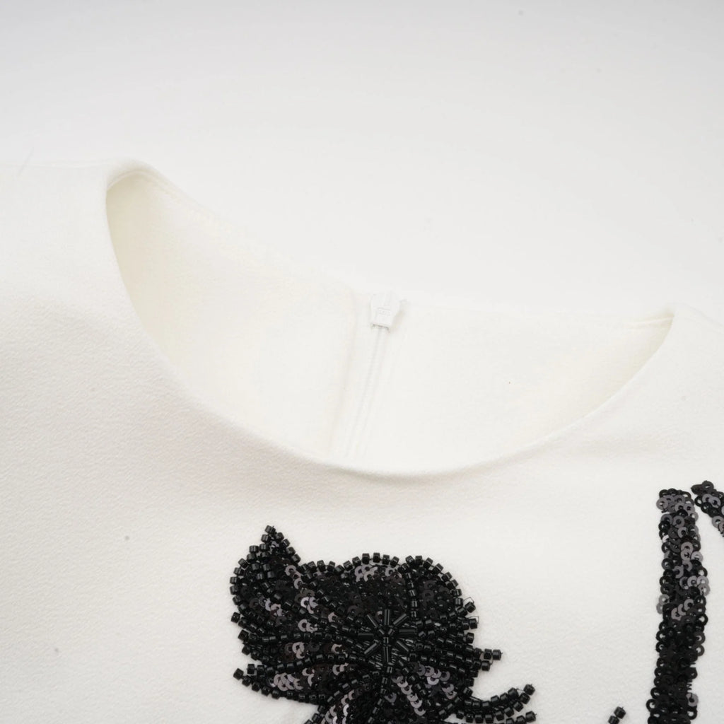 Charlotte Mini Dress - Long Sleeve - Faux - Flower & Sequin Detailing - Crystal Embellishment