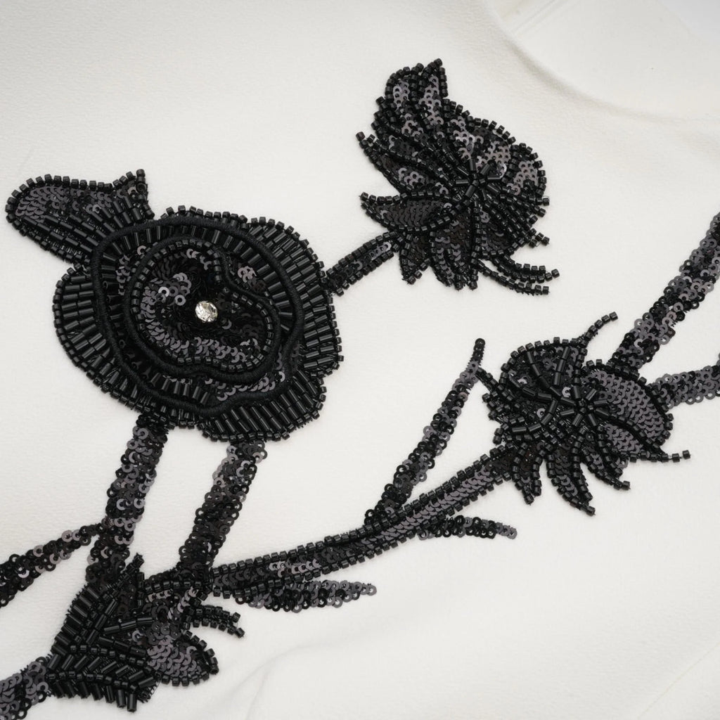 Charlotte Mini Dress - Long Sleeve - Faux - Flower & Sequin Detailing - Crystal Embellishment