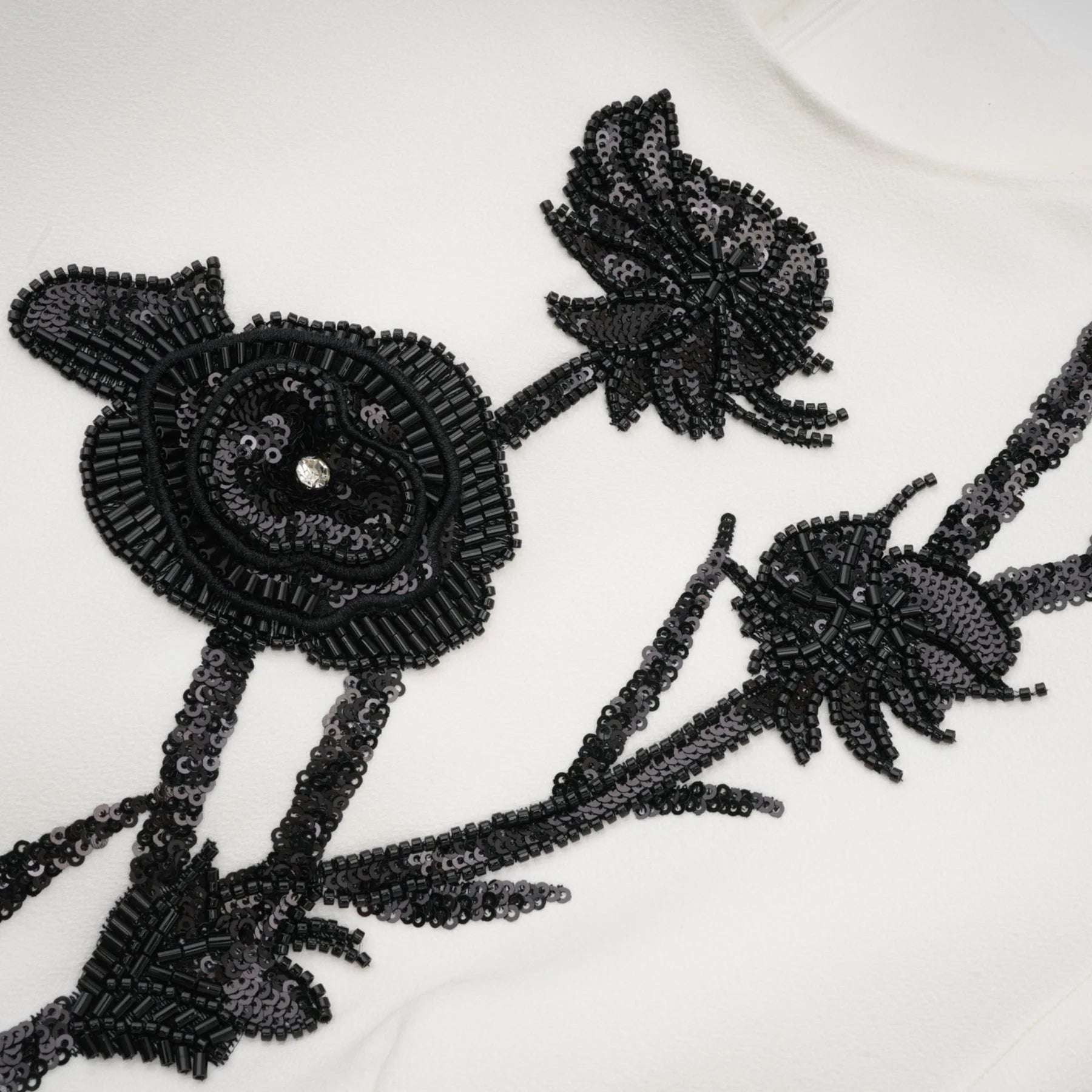 Charlotte Mini Dress - Long Sleeve - Faux - Flower & Sequin Detailing - Crystal Embellishment