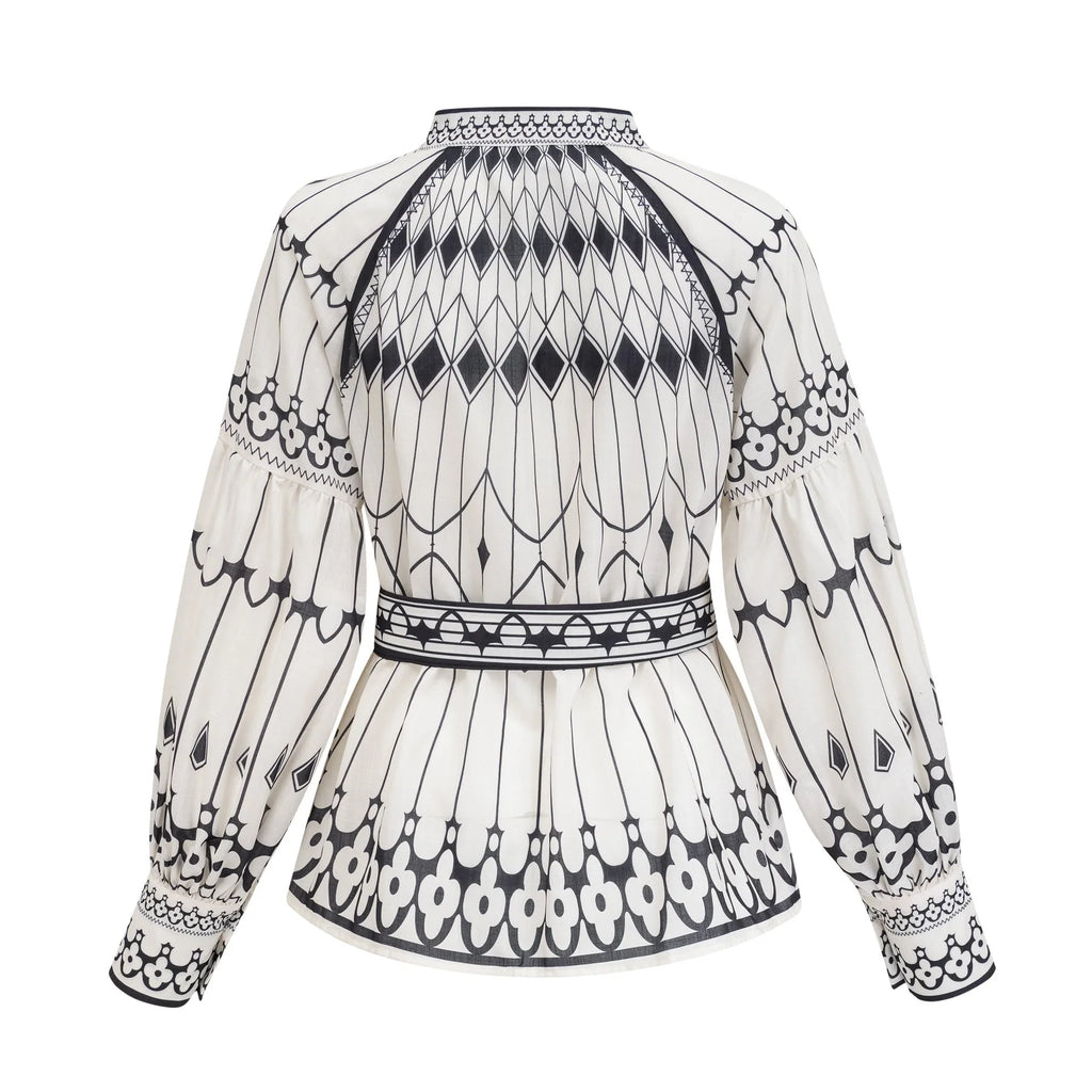 Charlotte Shirt & Shorts - Long Sleeve All - Over Graphic - Front Button Fastening - Elasticated Waist Thigh Length