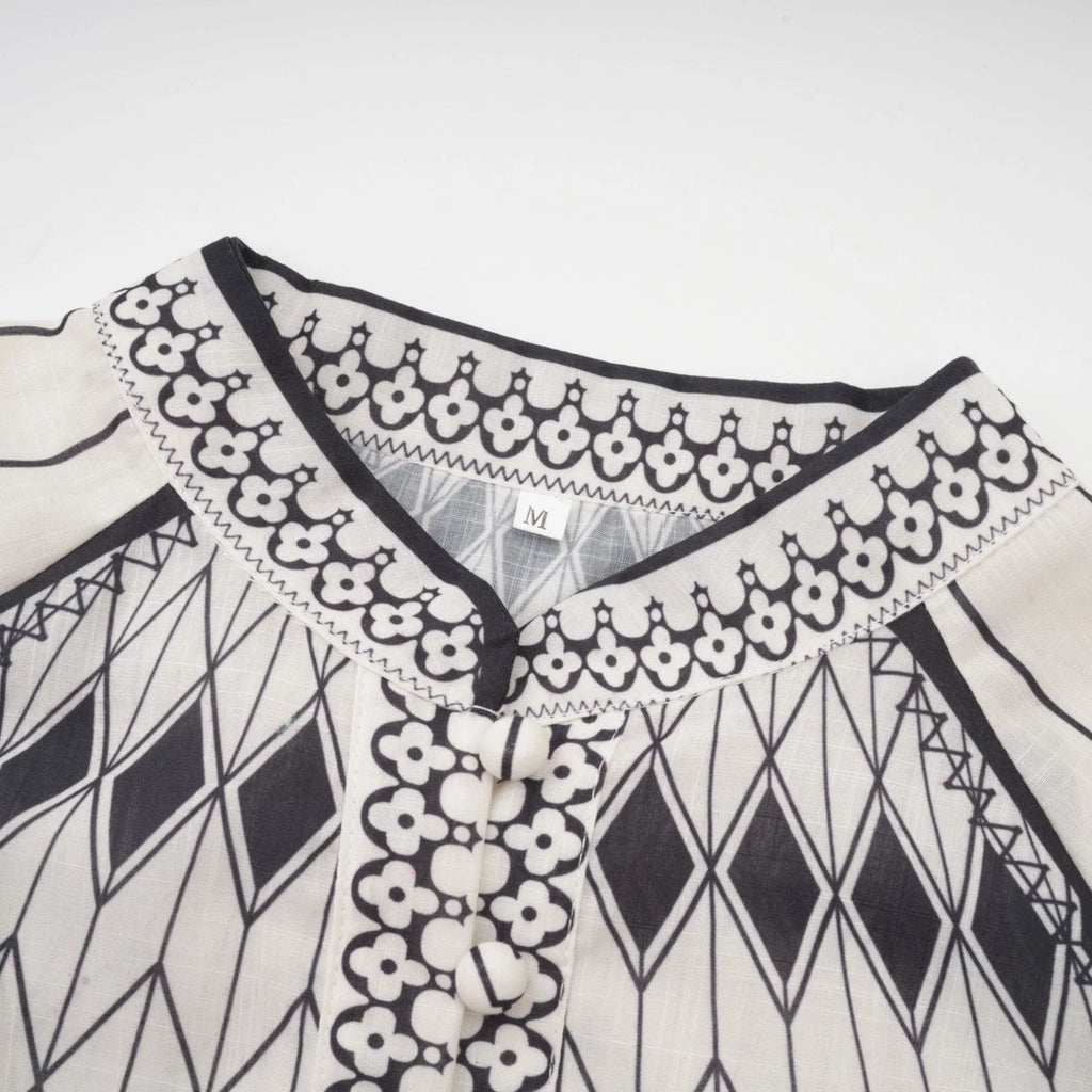 Charlotte Shirt & Shorts - Long Sleeve All - Over Graphic - Front Button Fastening - Elasticated Waist Thigh Length