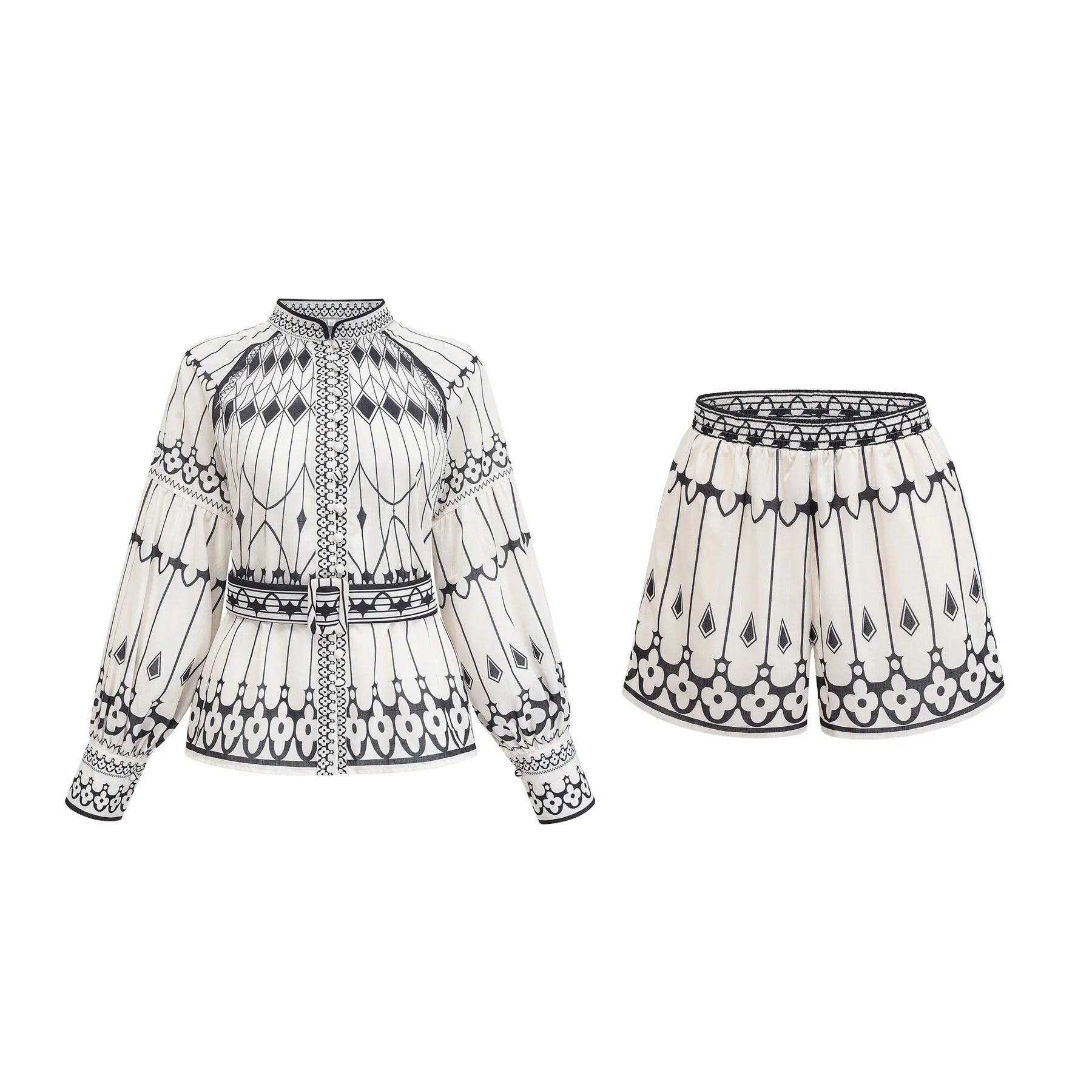 Charlotte Shirt & Shorts - Long Sleeve All - Over Graphic - Front Button Fastening - Elasticated Waist Thigh Length