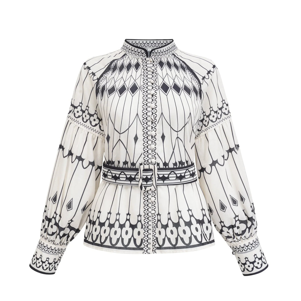 Charlotte Shirt & Shorts - Long Sleeve All - Over Graphic - Front Button Fastening - Elasticated Waist Thigh Length
