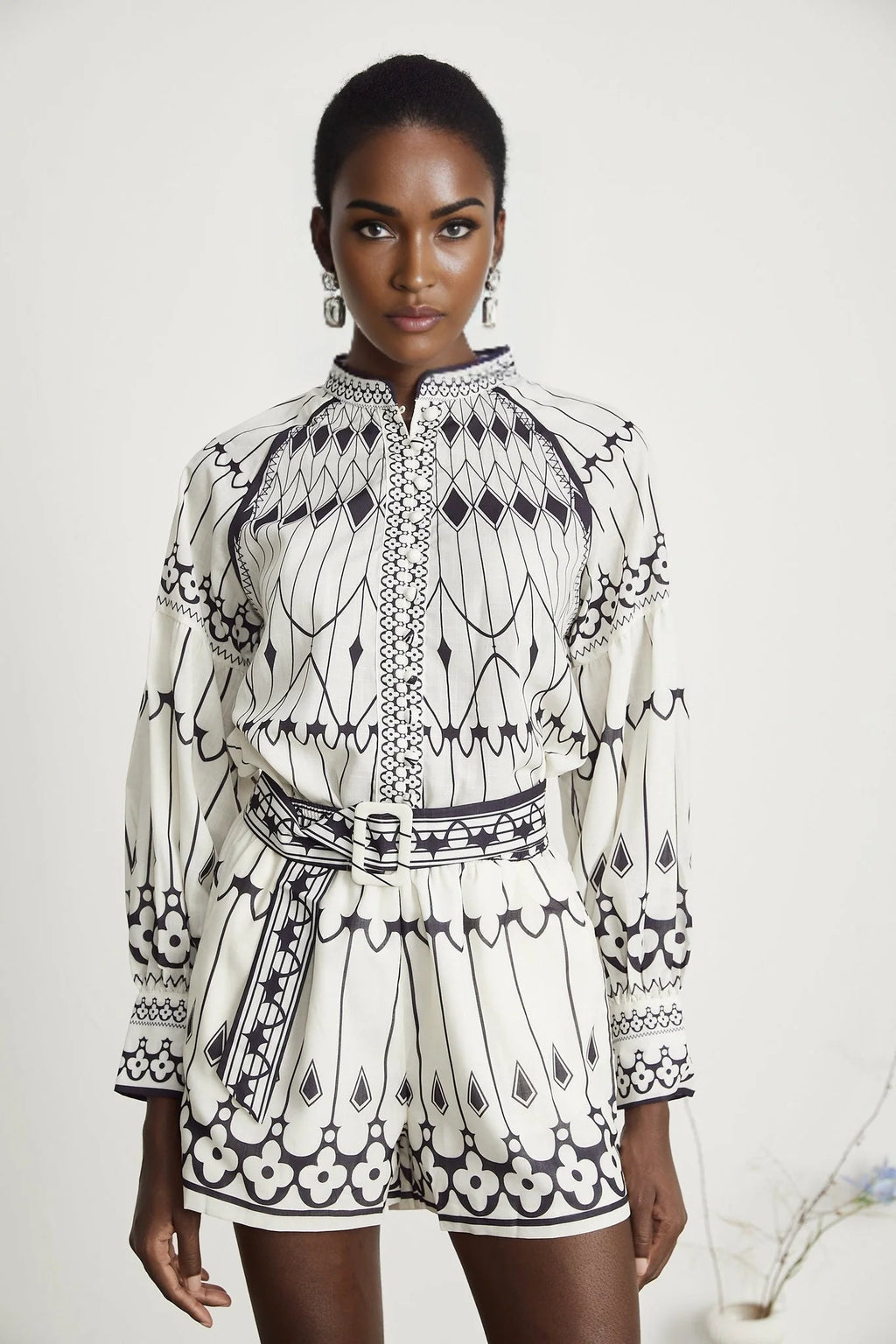 Charlotte Shirt & Shorts - Long Sleeve All - Over Graphic - Front Button Fastening - Elasticated Waist Thigh Length