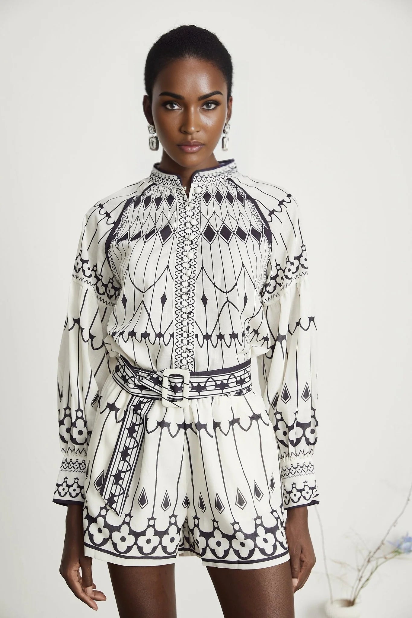 Charlotte Shirt & Shorts - Long Sleeve All - Over Graphic - Front Button Fastening - Elasticated Waist Thigh Length