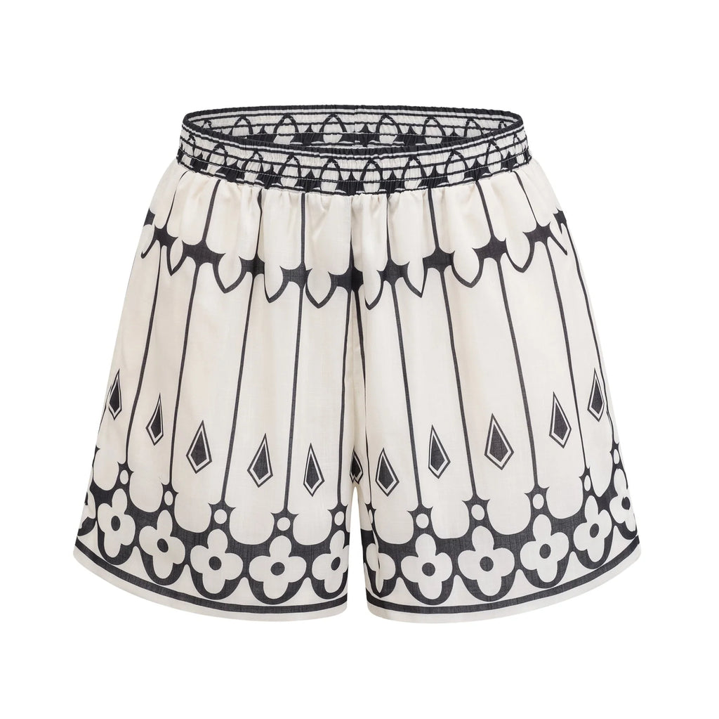 Charlotte Shirt & Shorts - Long Sleeve All - Over Graphic - Front Button Fastening - Elasticated Waist Thigh Length