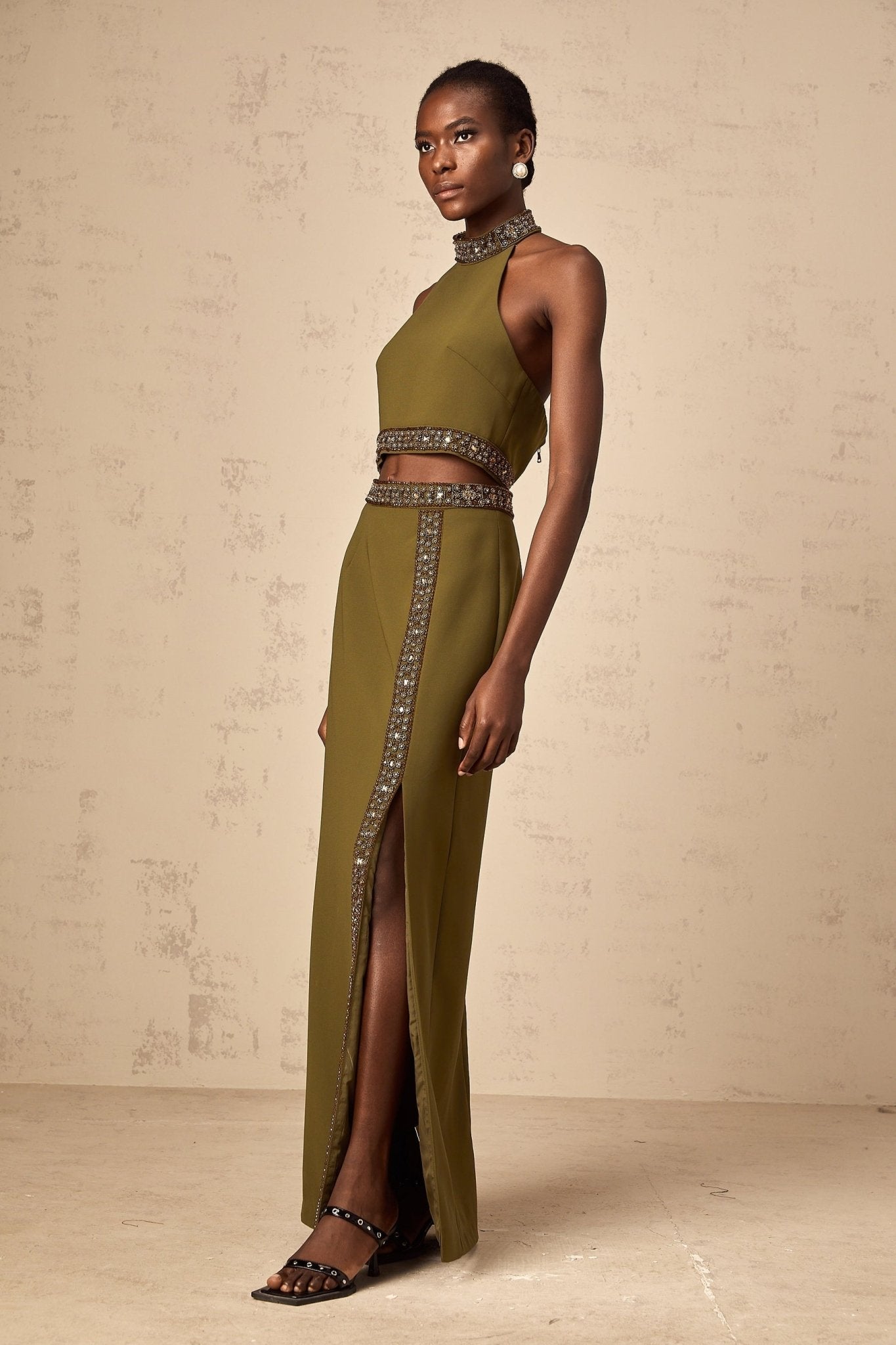 Charlotte Skirt & Top Set - Halterneck Design - Bead Embellishments - Open Back - High Slit