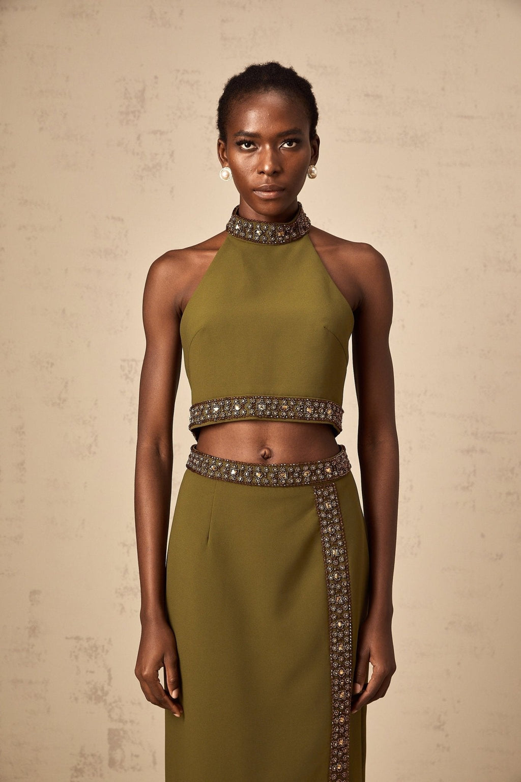 Charlotte Skirt & Top Set - Halterneck Design - Bead Embellishments - Open Back - High Slit