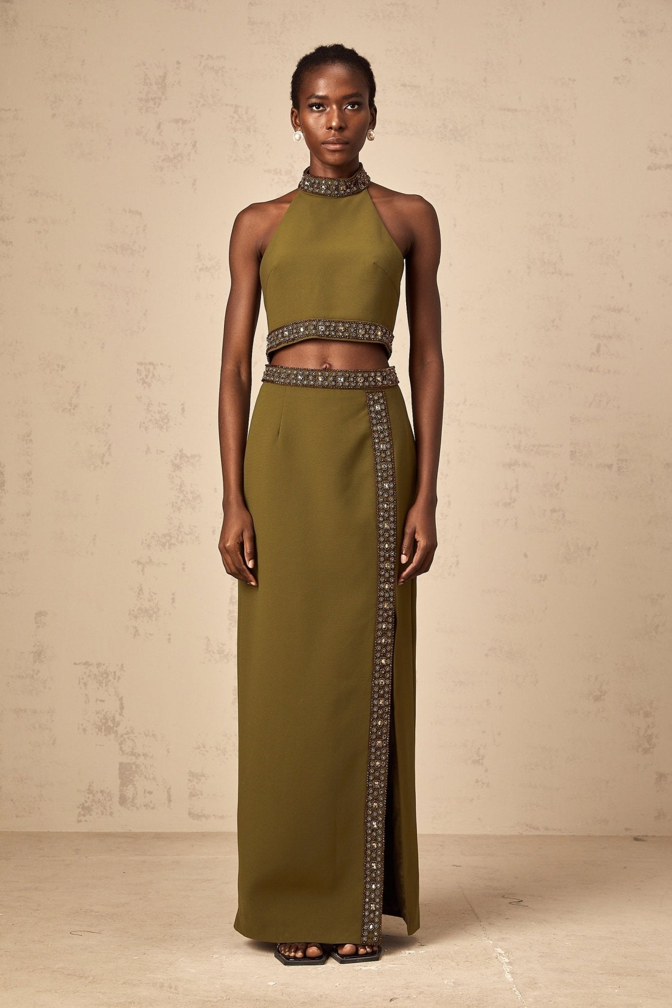 Charlotte Skirt & Top Set - Halterneck Design - Bead Embellishments - Open Back - High Slit
