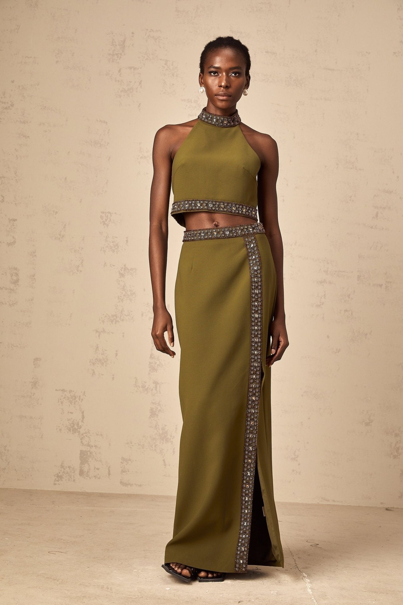 Charlotte Skirt & Top Set - Halterneck Design - Bead Embellishments - Open Back - High Slit