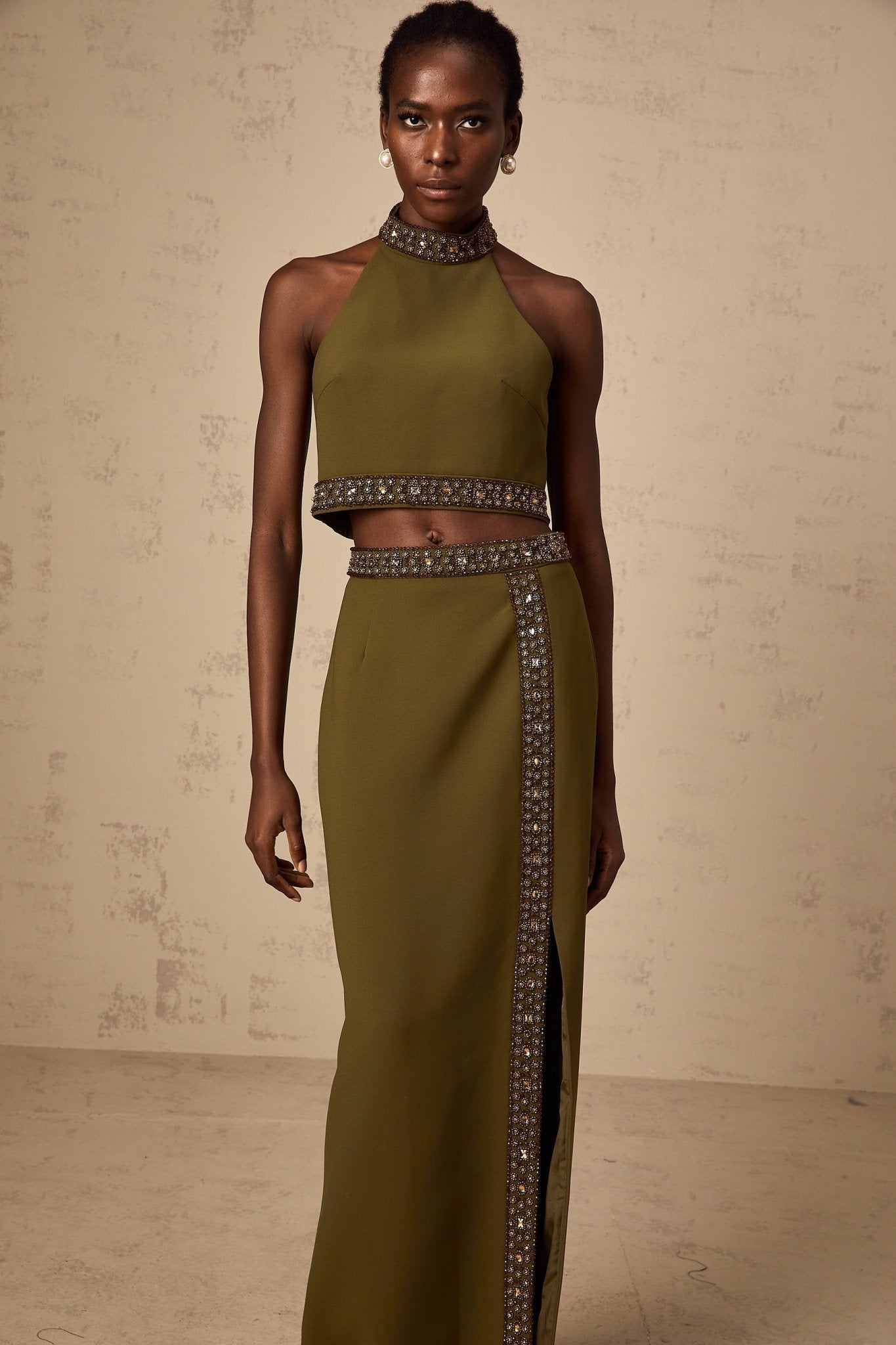 Charlotte Skirt & Top Set - Halterneck Design - Bead Embellishments - Open Back - High Slit