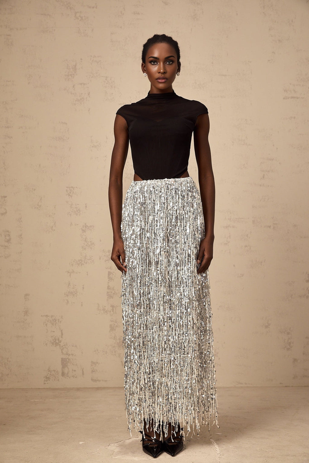Charlotte Skirt & Top Set - Mock Neck Top with Boned Bodice - Semi - Sheer Corset Style - Sequin Embellished Fringed Skirt